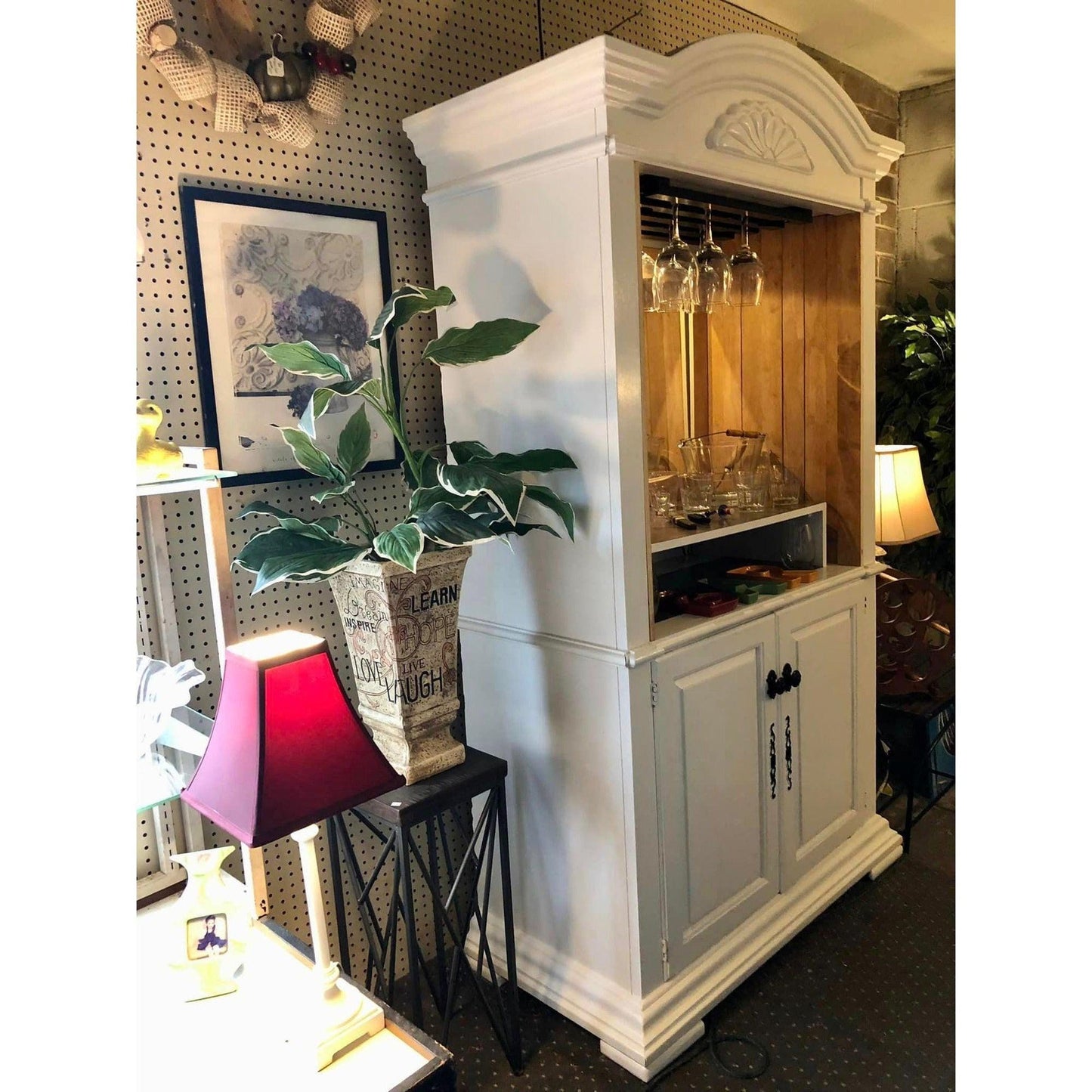 White Wooden Bar Cabinet With Glass Rack & Storage Space