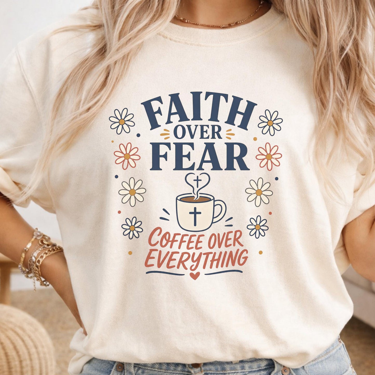 Faith Over Fear Coffee Mug Art, Inspirational Gift for Coffee Lovers, Personalized T-Shirt Design, Custom Tee Printing