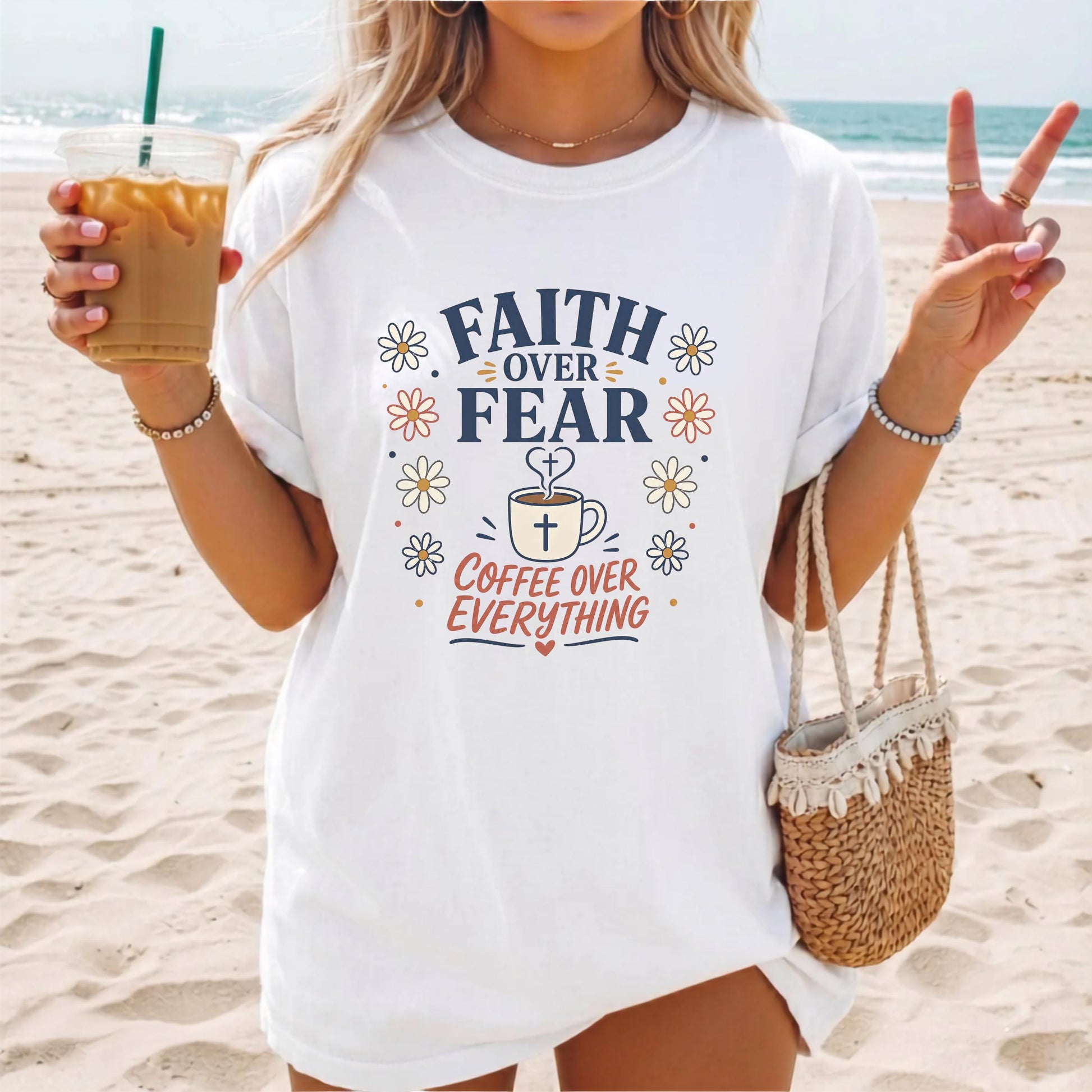 Faith Over Fear Coffee Mug Art, Inspirational Gift for Coffee Lovers, Personalized T-Shirt Design, Custom Tee Printing