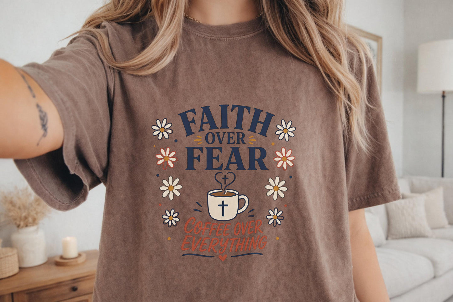 Faith Over Fear Coffee Mug Art, Inspirational Gift for Coffee Lovers, Personalized T-Shirt Design, Custom Tee Printing