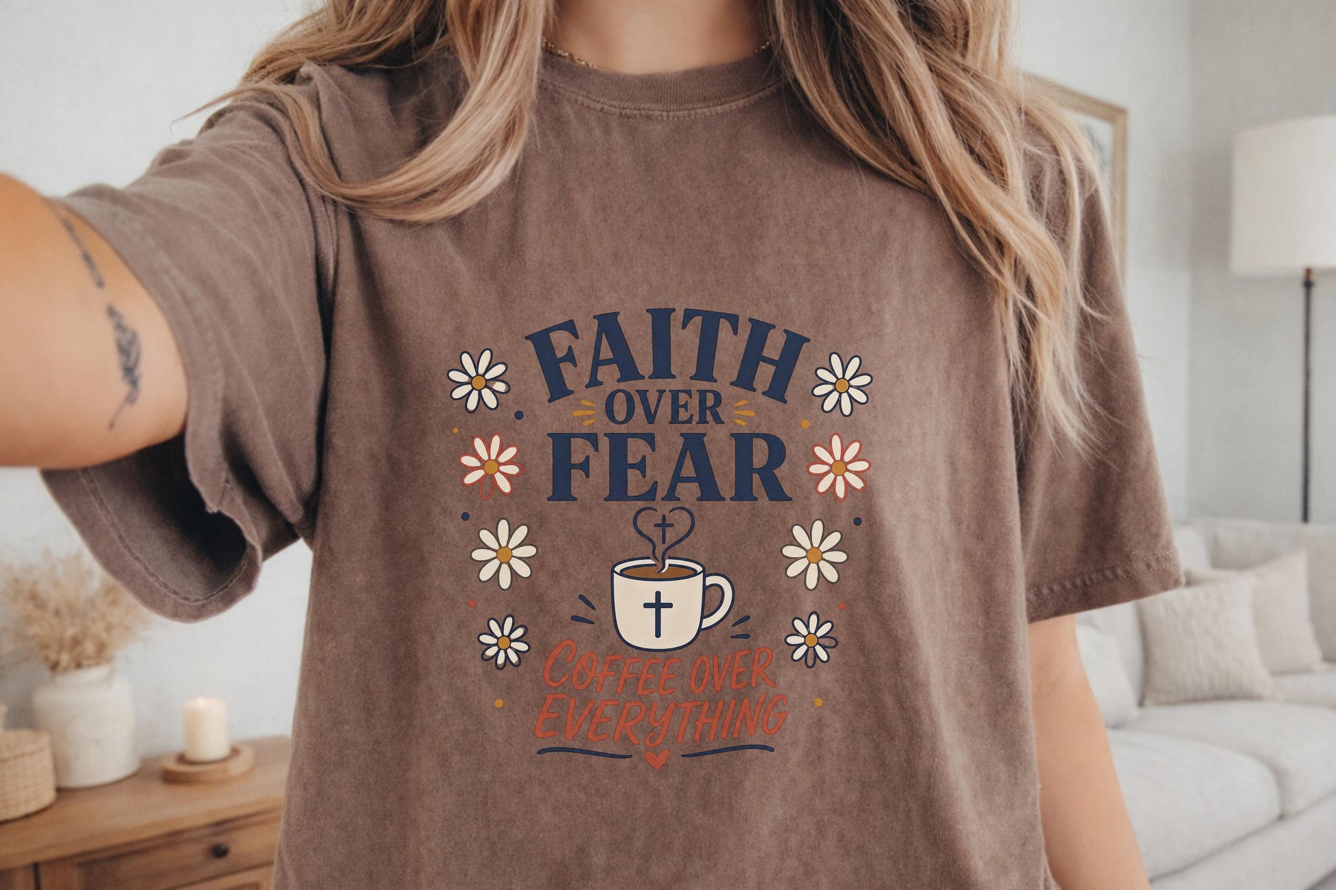 Faith Over Fear Coffee Mug Art, Inspirational Gift for Coffee Lovers, Personalized T-Shirt Design, Custom Tee Printing