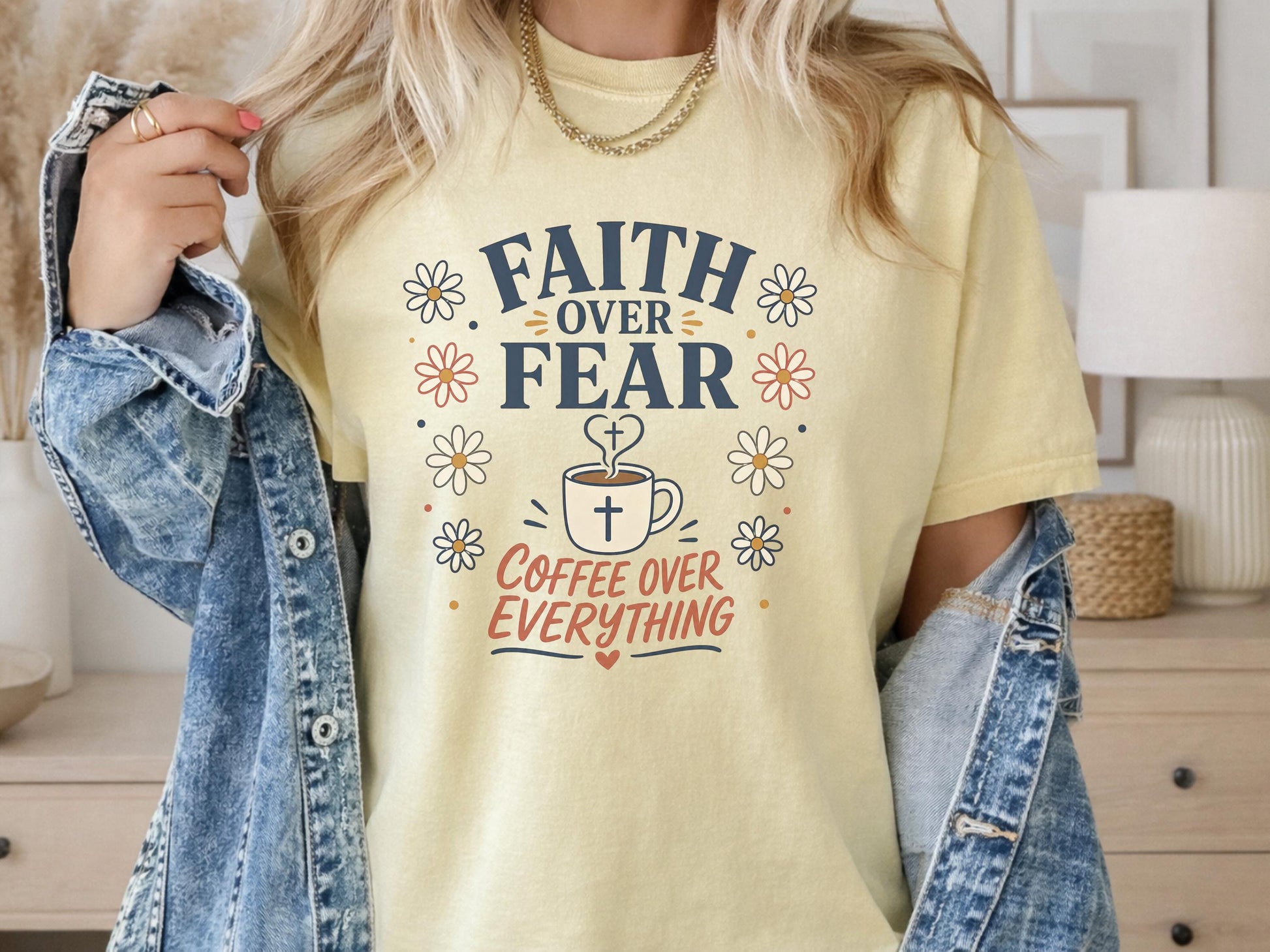 Faith Over Fear Coffee Mug Art, Inspirational Gift for Coffee Lovers, Personalized T-Shirt Design, Custom Tee Printing