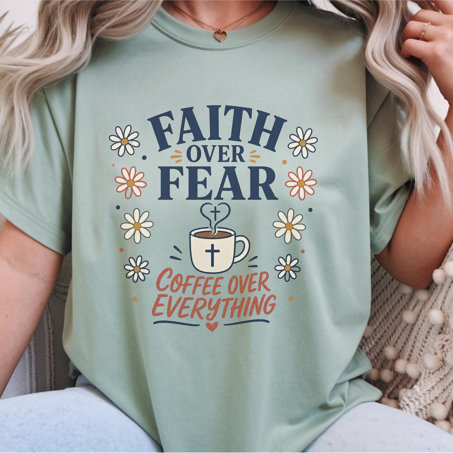 Faith Over Fear Coffee Mug Art, Inspirational Gift for Coffee Lovers, Personalized T-Shirt Design, Custom Tee Printing