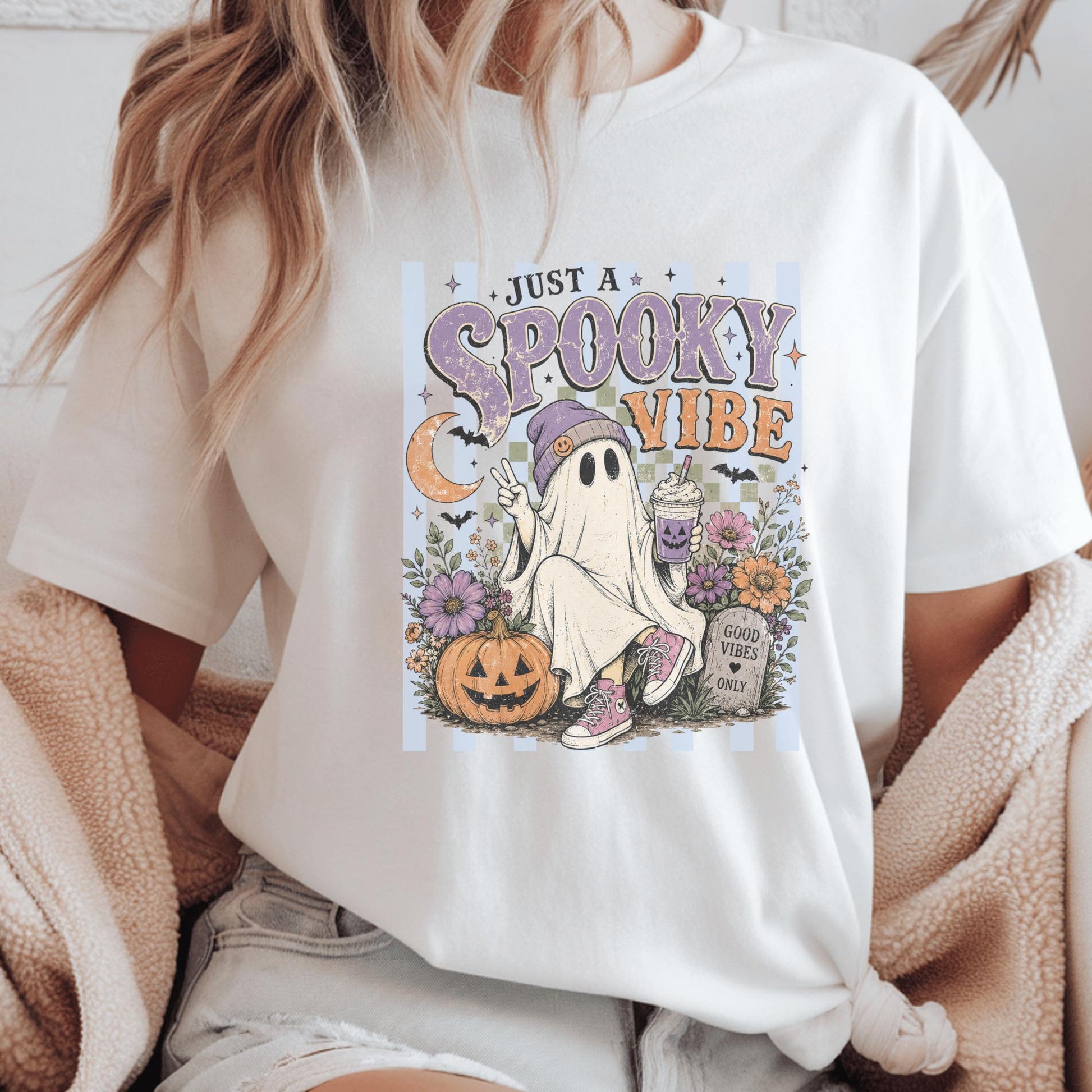 Spooky Vibe Ghost Tee, Halloween Graphic Shirt, Retro Pumpkin Design, Cute Ghost with Beverage, Floral Halloween T-shirt, Cozy Fall Top