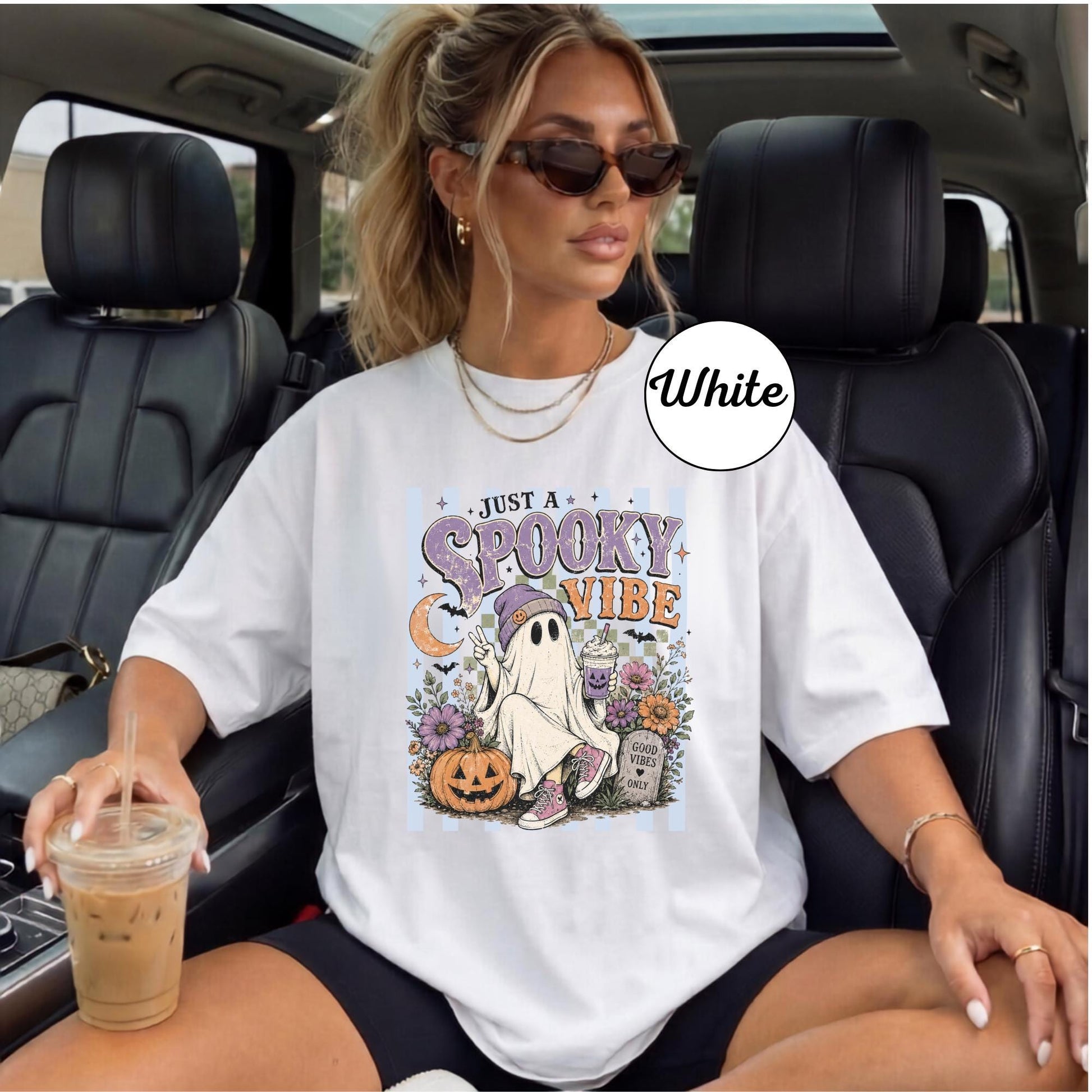 Spooky Vibe Ghost Tee, Halloween Graphic Shirt, Retro Pumpkin Design, Cute Ghost with Beverage, Floral Halloween T-shirt, Cozy Fall Top