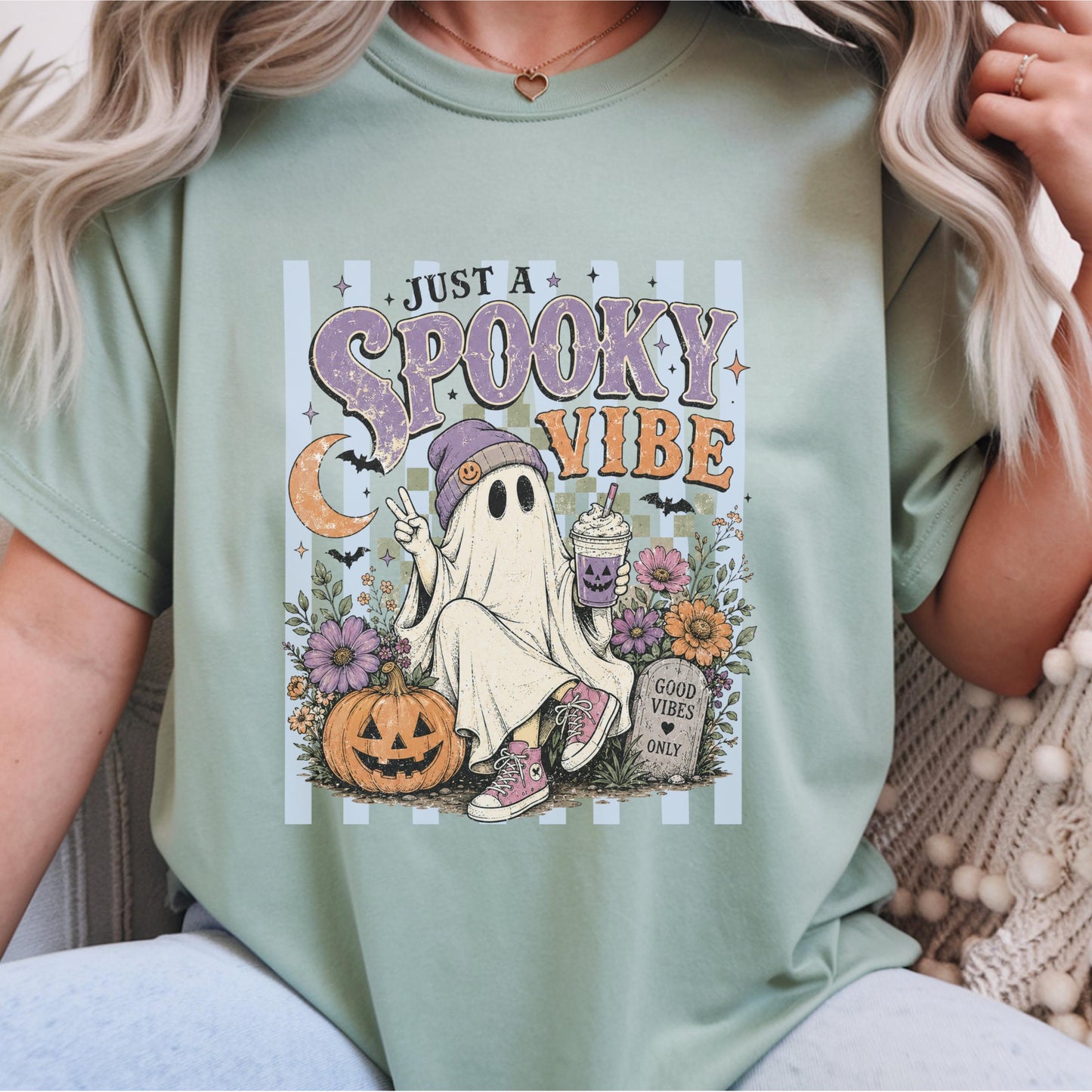 Spooky Vibe Ghost Tee, Halloween Graphic Shirt, Retro Pumpkin Design, Cute Ghost with Beverage, Floral Halloween T-shirt, Cozy Fall Top