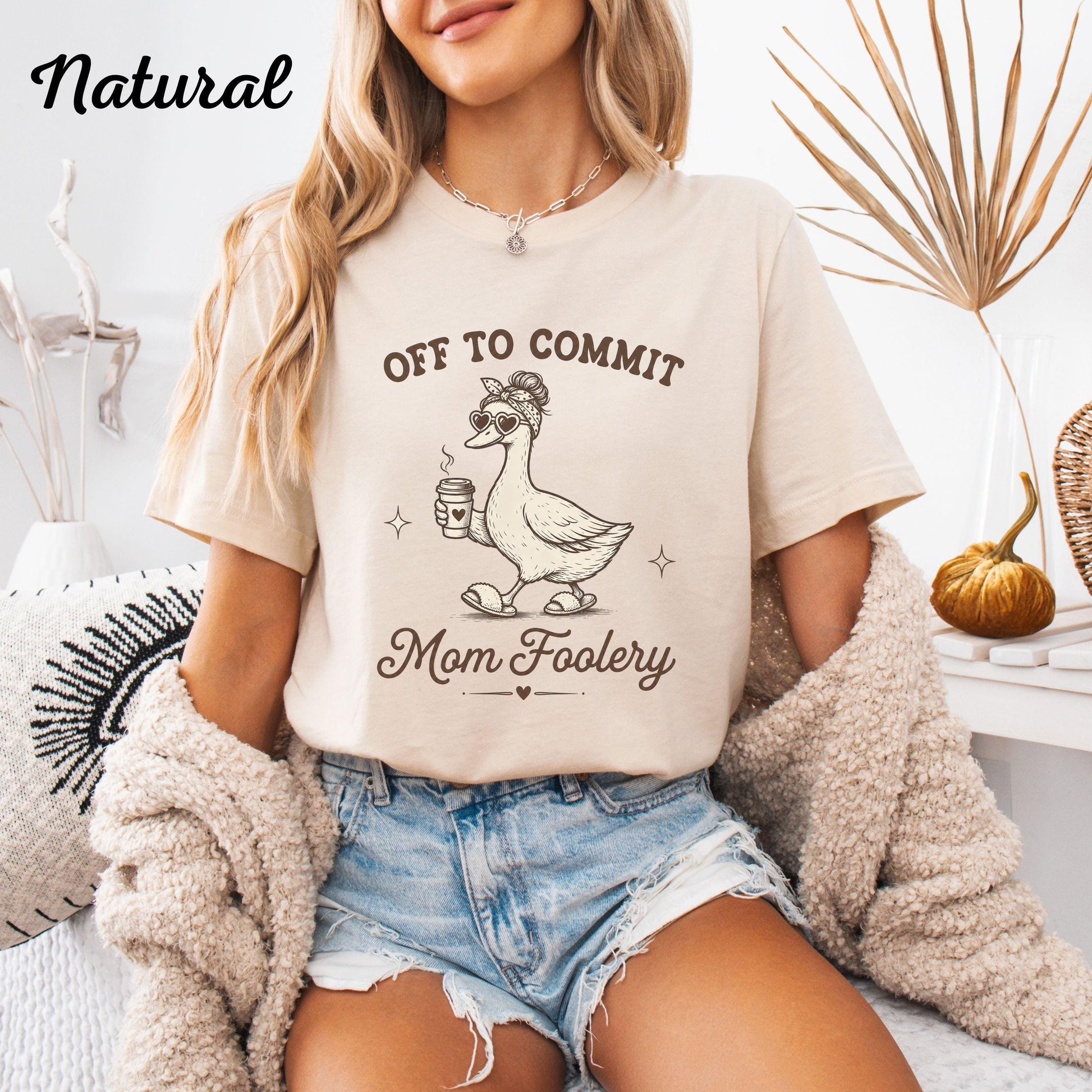 Humorous Vintage Duck Mother Illustration In Chic Style Funny Mom T-Shirt, Goose Graphic Tee, Off to Commit Mom Foolery Shirt, Cute Gift for