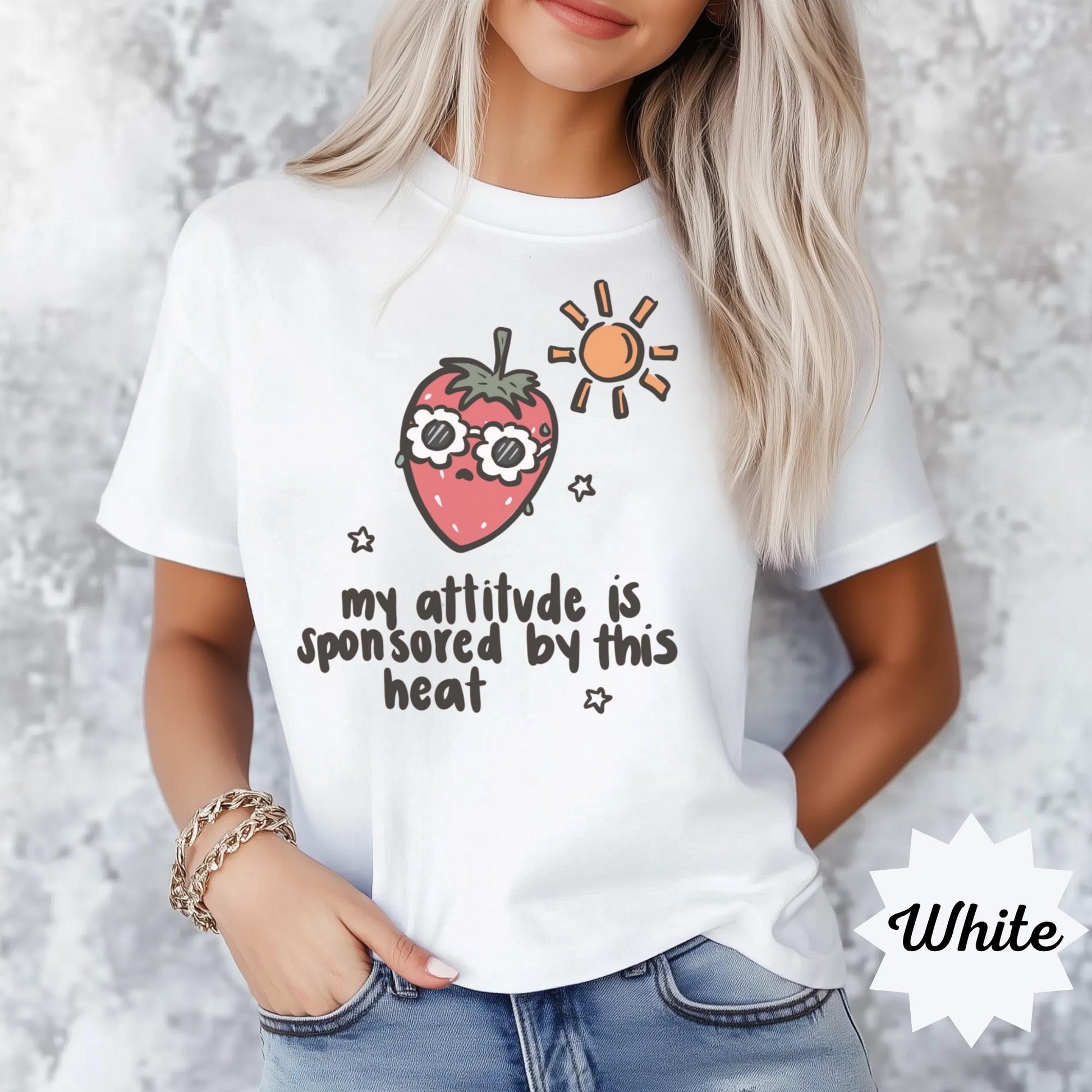 Funny Strawberry Graphic Tee, Casual White Shirt, Summer Humor Top, Cute Sun and Fruit Print, Cozy Everyday Wear, Fun Gift for Friends
