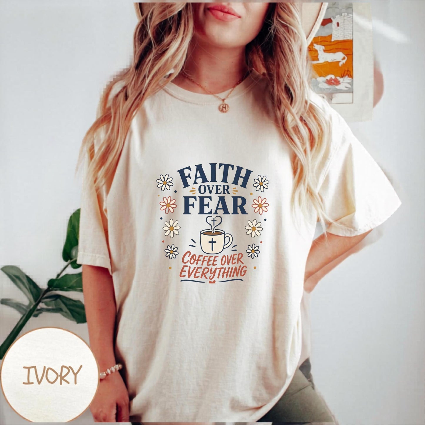 Faith Over Fear Coffee Mug Art, Inspirational Gift for Coffee Lovers, Personalized T-Shirt Design, Custom Tee Printing