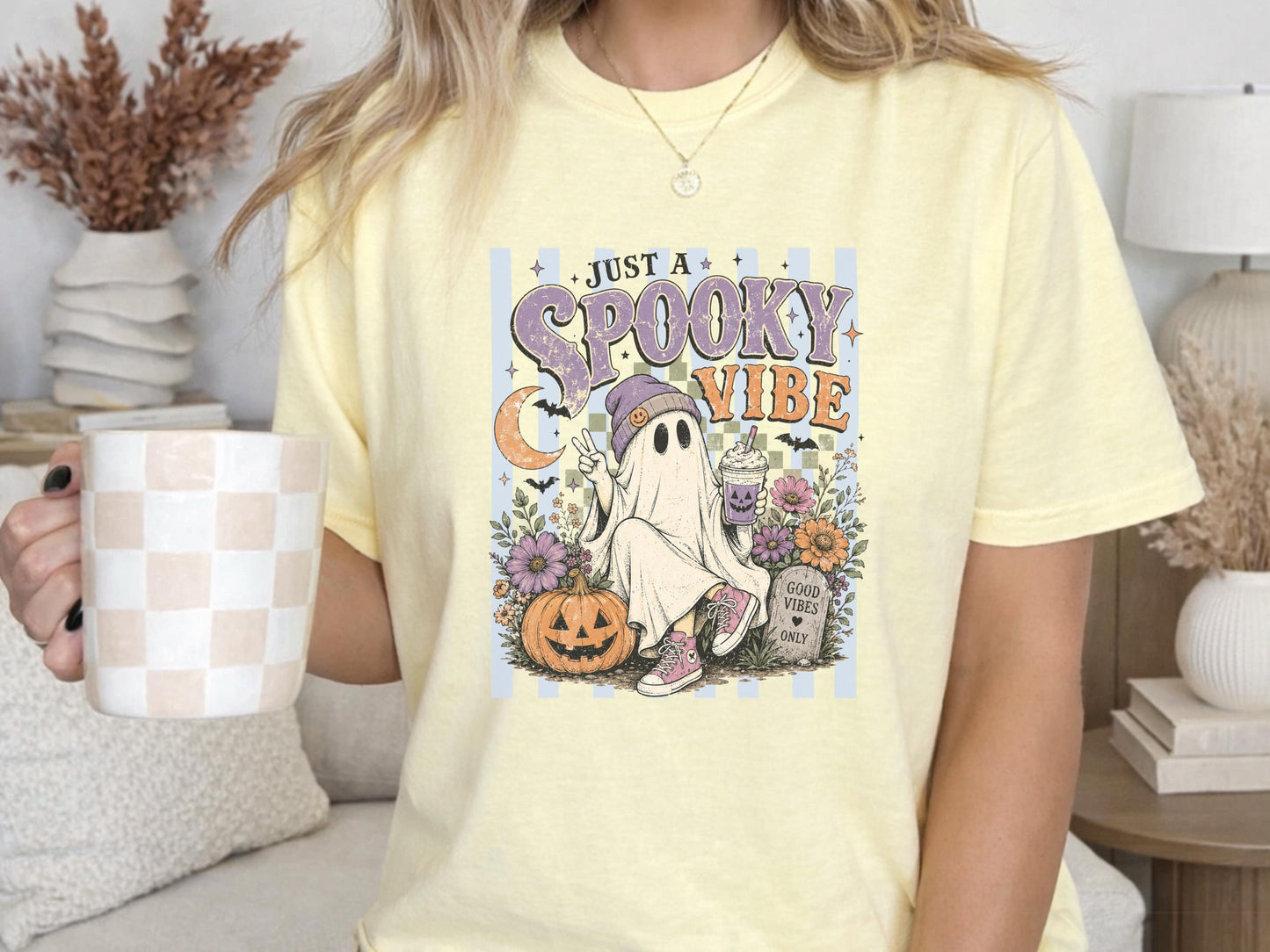 Spooky Vibe Ghost Tee, Halloween Graphic Shirt, Retro Pumpkin Design, Cute Ghost with Beverage, Floral Halloween T-shirt, Cozy Fall Top