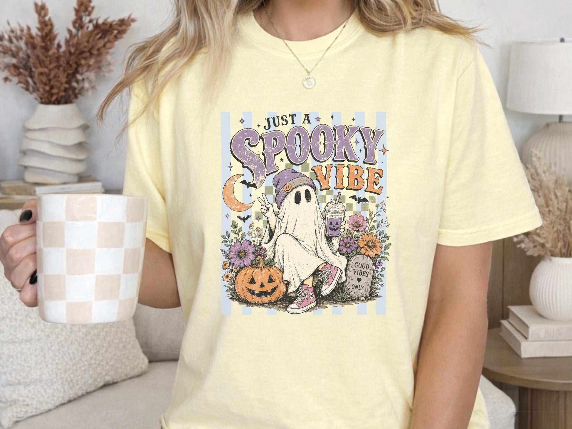 Spooky Vibe Ghost Tee, Halloween Graphic Shirt, Retro Pumpkin Design, Cute Ghost with Beverage, Floral Halloween T-shirt, Cozy Fall Top