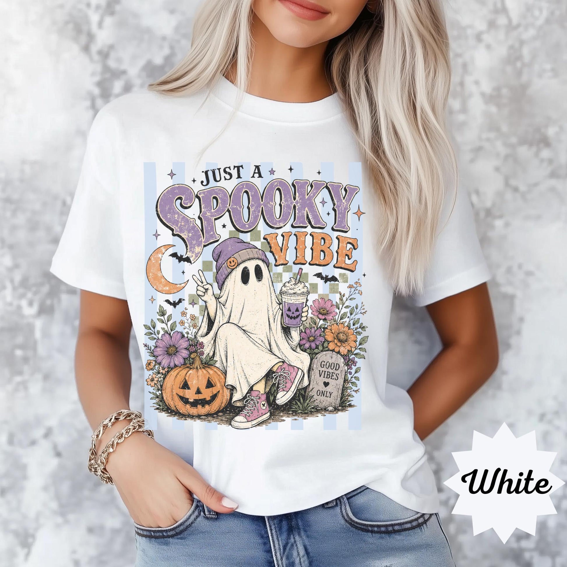 Spooky Vibe Ghost Tee, Halloween Graphic Shirt, Retro Pumpkin Design, Cute Ghost with Beverage, Floral Halloween T-shirt, Cozy Fall Top