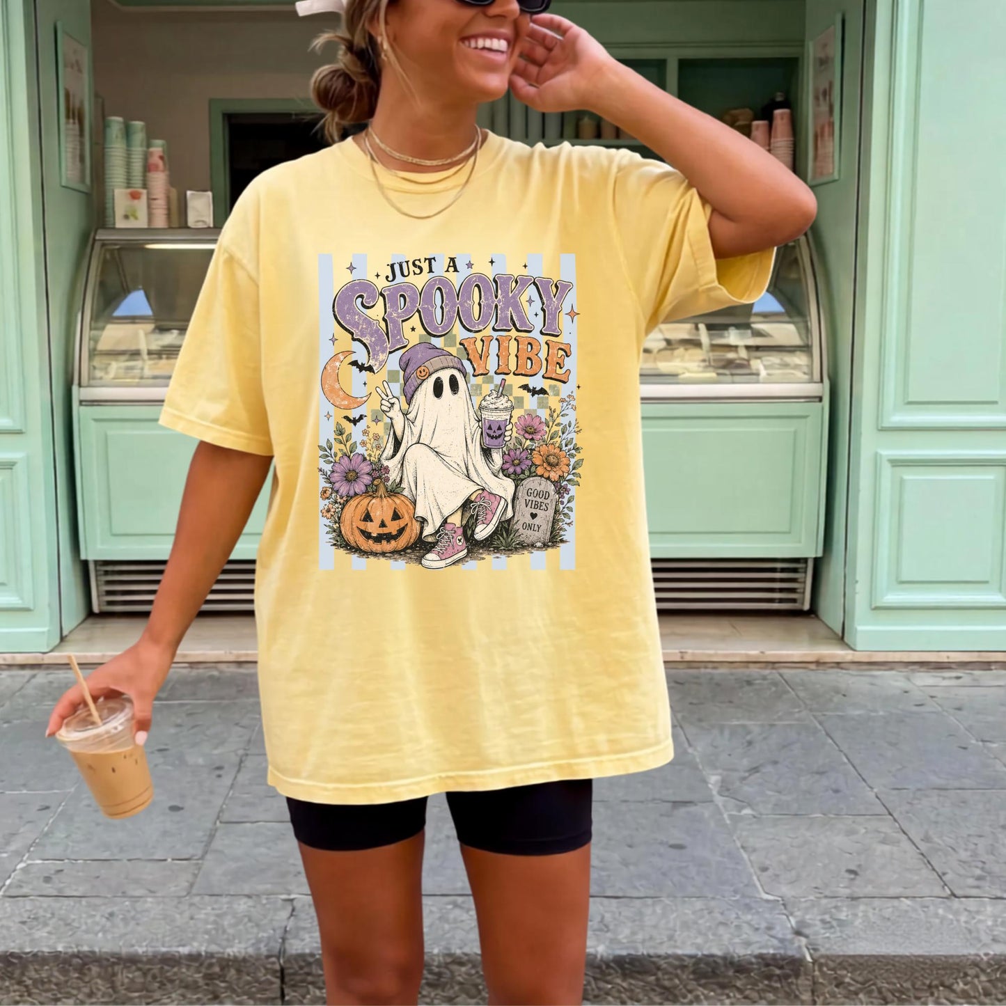 Spooky Vibe Ghost Tee, Halloween Graphic Shirt, Retro Pumpkin Design, Cute Ghost with Beverage, Floral Halloween T-shirt, Cozy Fall Top
