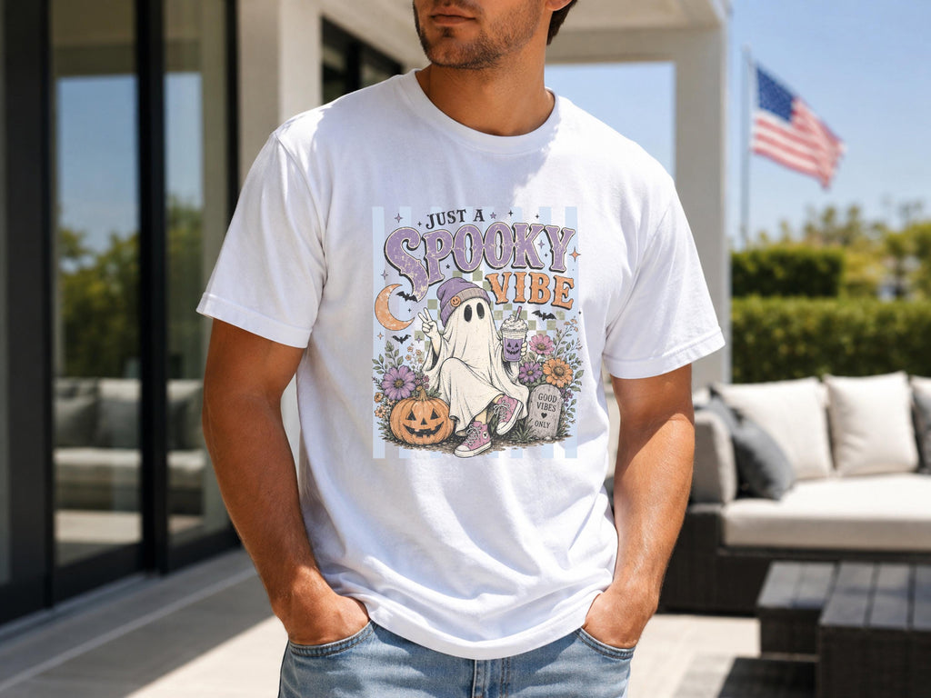 Spooky Vibe Ghost Tee, Halloween Graphic Shirt, Retro Pumpkin Design, Cute Ghost with Beverage, Floral Halloween T-shirt, Cozy Fall Top