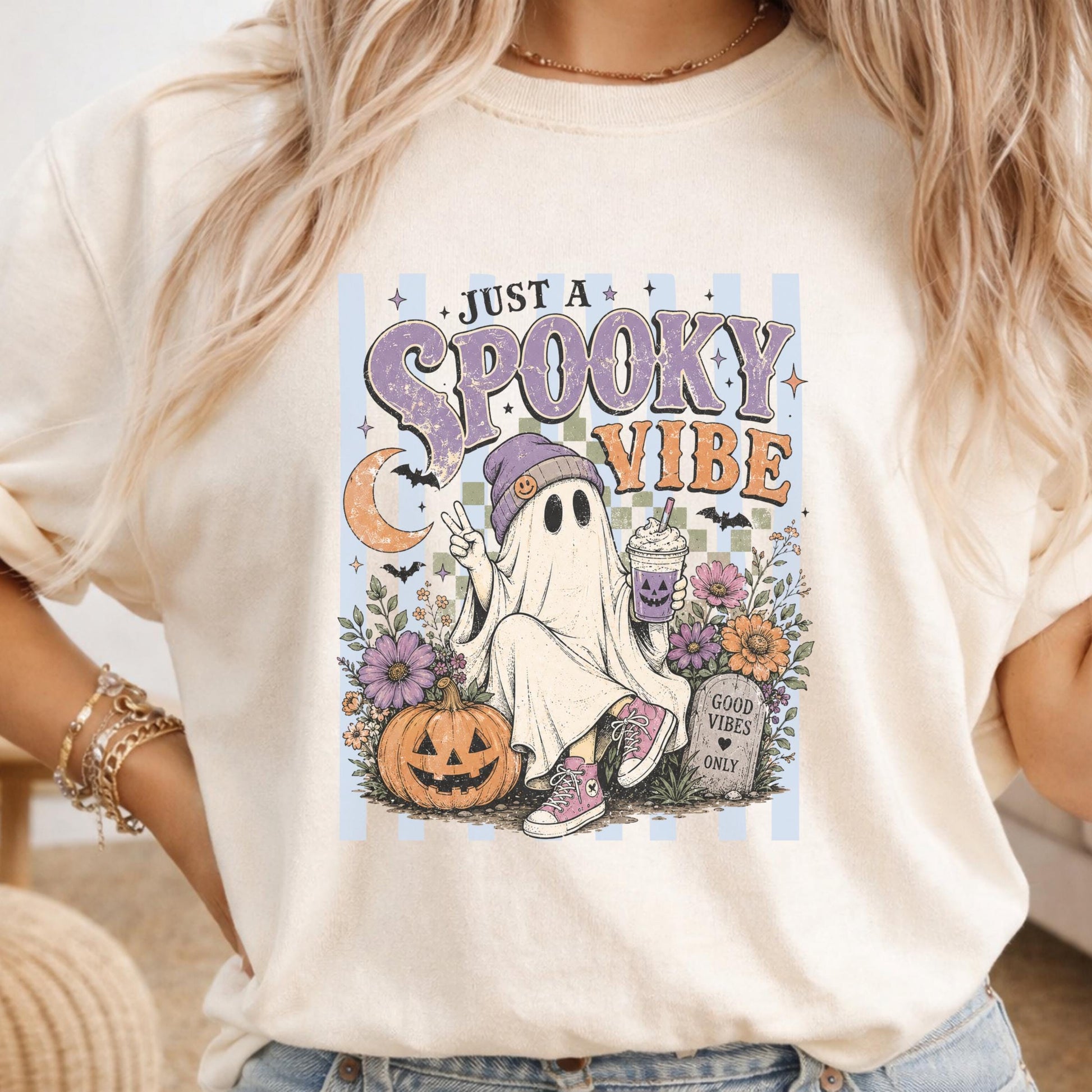 Spooky Vibe Ghost Tee, Halloween Graphic Shirt, Retro Pumpkin Design, Cute Ghost with Beverage, Floral Halloween T-shirt, Cozy Fall Top