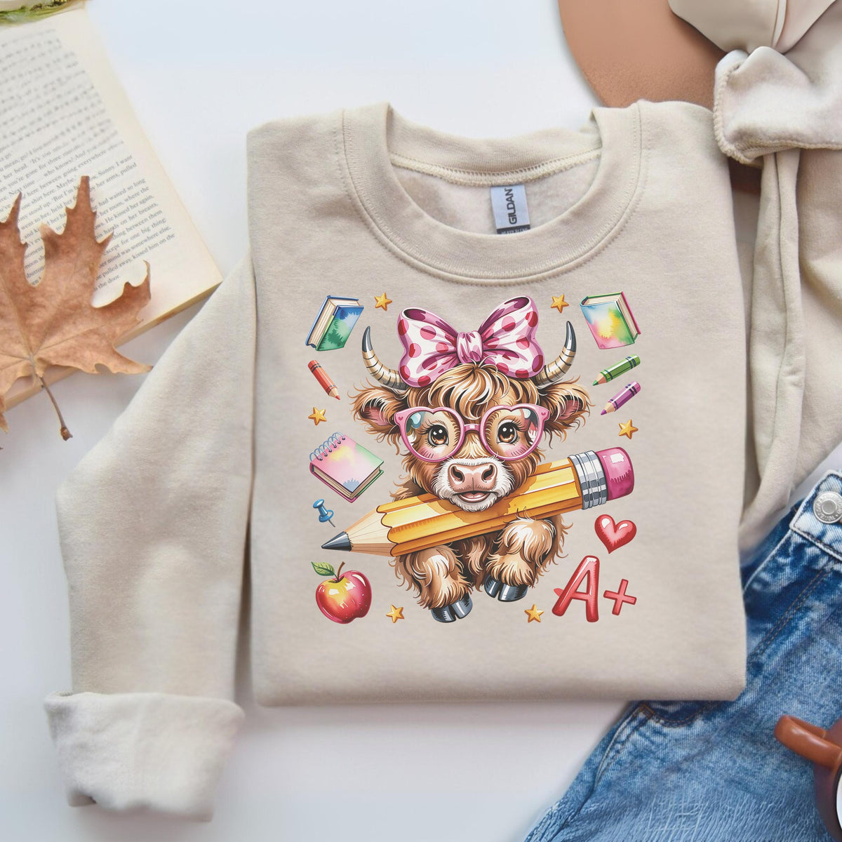 Cute Cow Sweatshirt, Back to School Hoodie, Kids Gift, Funny Highland Cow Design, Gildan Crewneck, Unisex Pullover, Cozy Fall Apparel