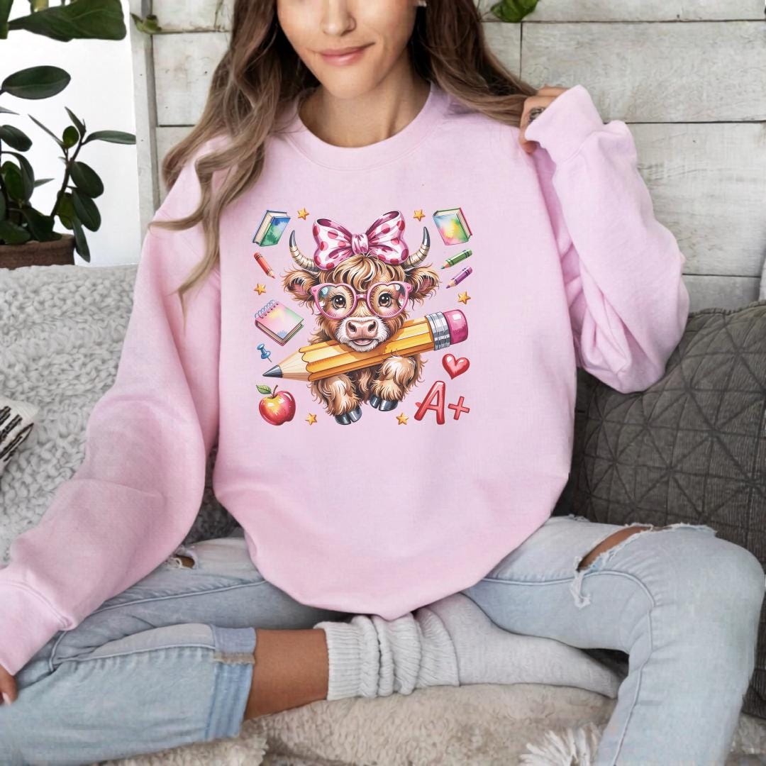 Cute Cow Sweatshirt, Back to School Hoodie, Kids Gift, Funny Highland Cow Design, Gildan Crewneck, Unisex Pullover, Cozy Fall Apparel