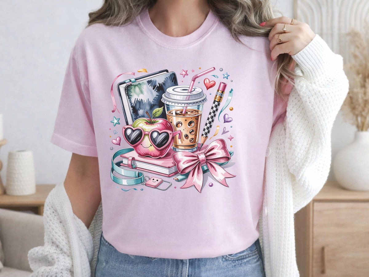 Fun Notebook Art, Cute Stationery Art, Kawaii Office Decor, Apple with Sunglasses Print, Coffee Cup Illustration, Pink Bow Art Print