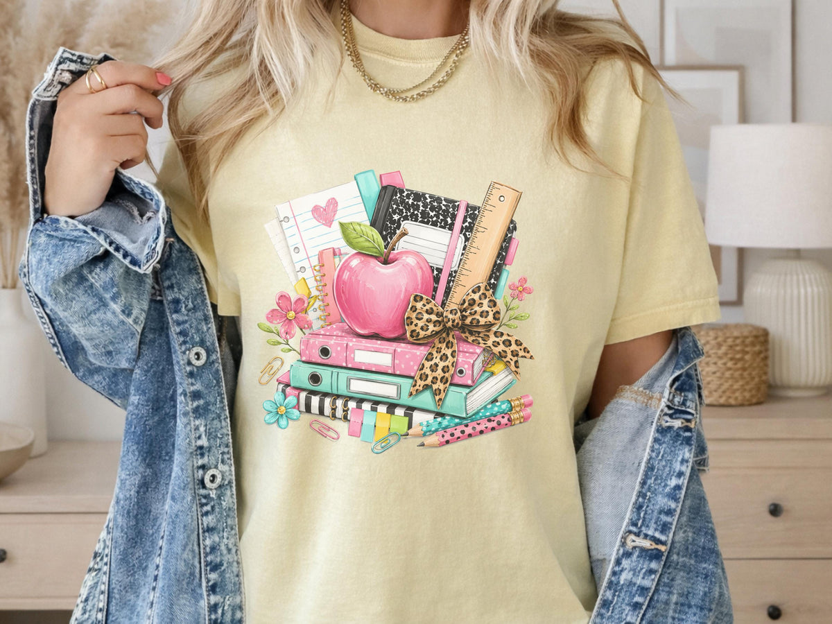 Custom School Supplies Sweatshirt, Teacher Gift, Leopard Print Bow, Vibrant Book Print, Back To School Apparel