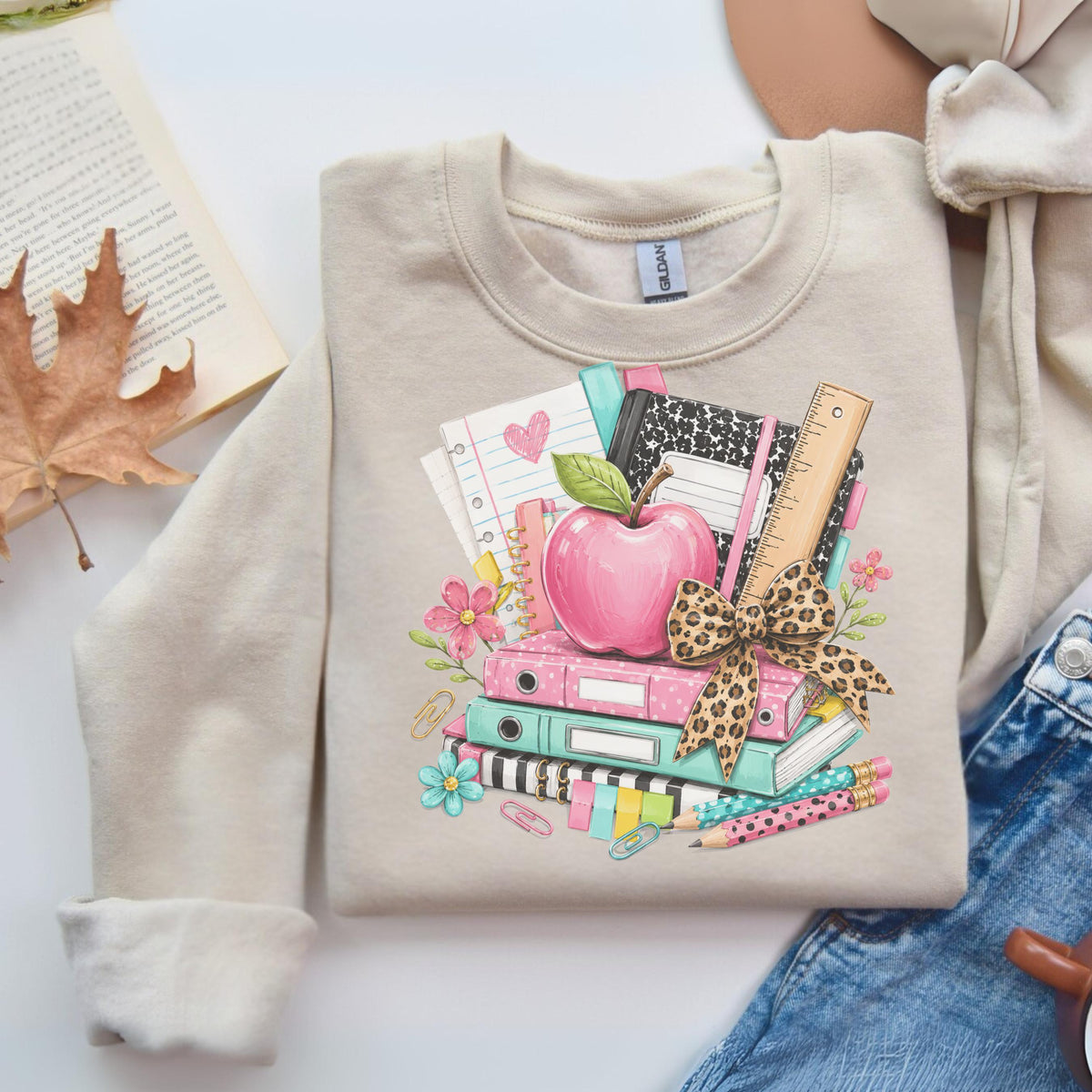 Custom School Supplies Sweatshirt, Teacher Gift, Leopard Print Bow, Vibrant Book Print, Back To School Apparel