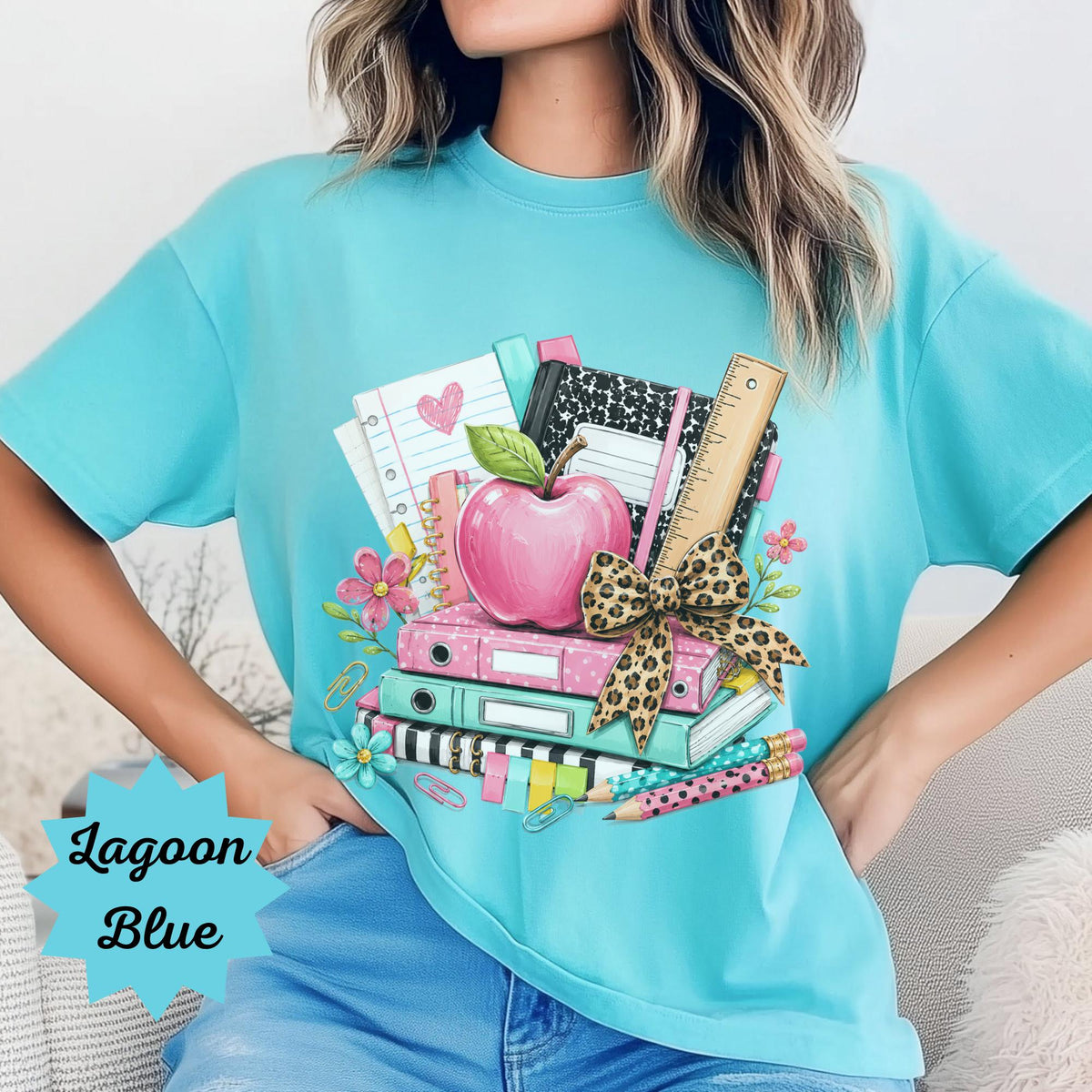 Custom School Supplies Sweatshirt, Teacher Gift, Leopard Print Bow, Vibrant Book Print, Back To School Apparel