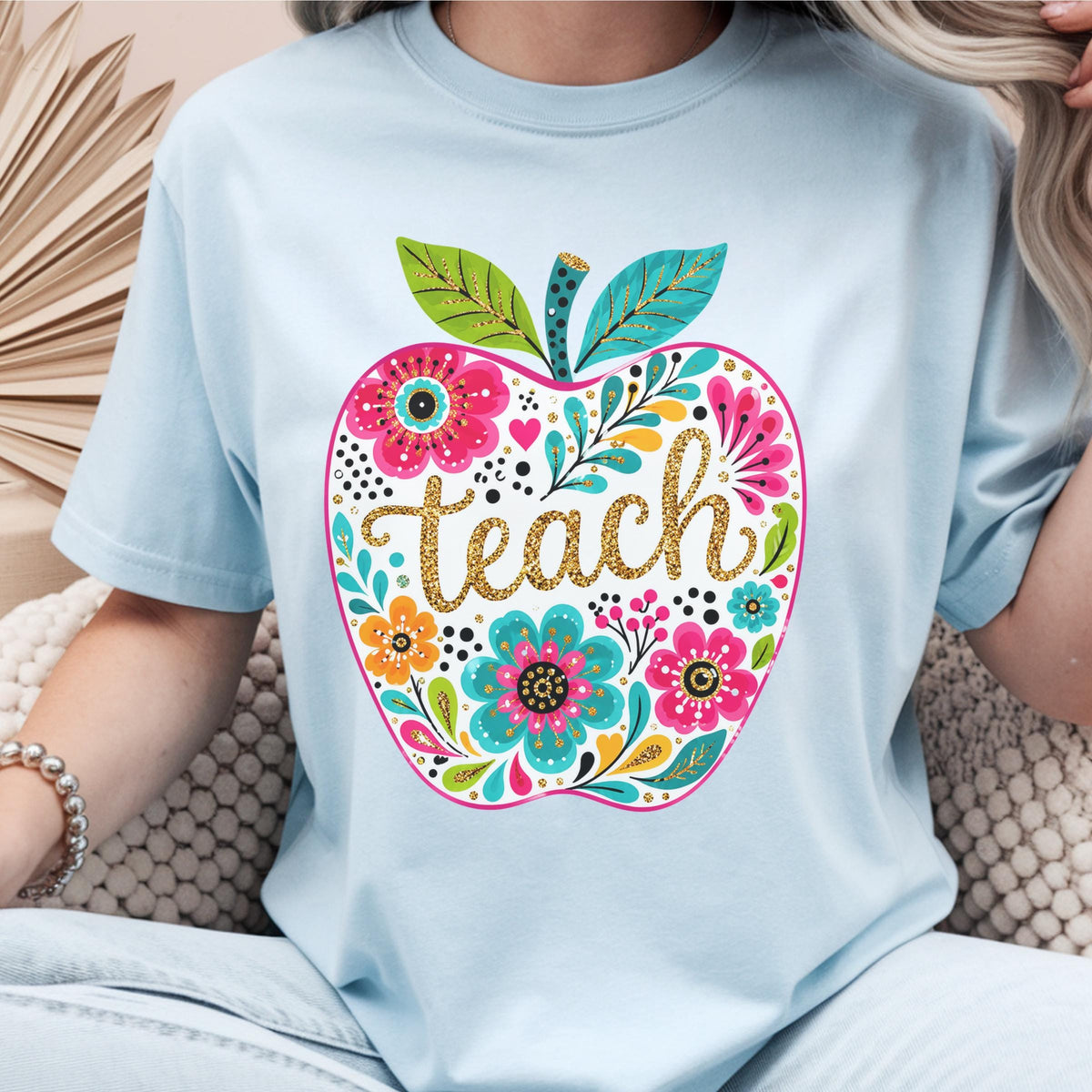 Apple Teacher Sweatshirt, Floral Teacher Gift, Custom Teacher Clothing, Colorful Apple Design, Personalized Crewneck, Gift for Educators