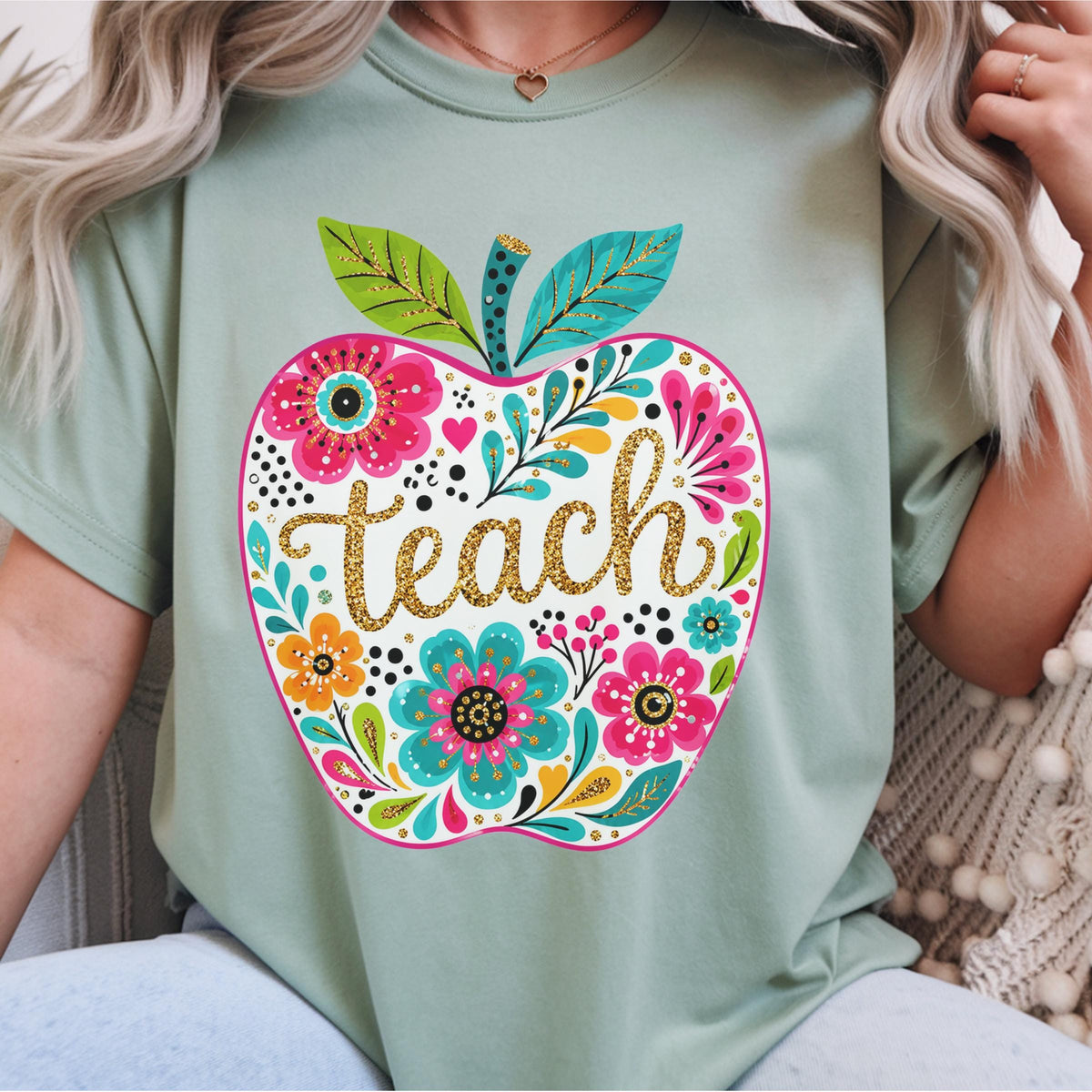 Apple Teacher Sweatshirt, Floral Teacher Gift, Custom Teacher Clothing, Colorful Apple Design, Personalized Crewneck, Gift for Educators