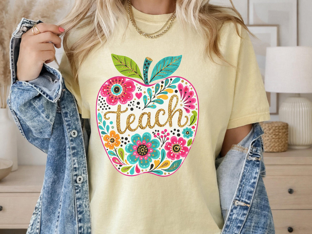 Apple Teacher Sweatshirt, Floral Teacher Gift, Custom Teacher Clothing, Colorful Apple Design, Personalized Crewneck, Gift for Educators
