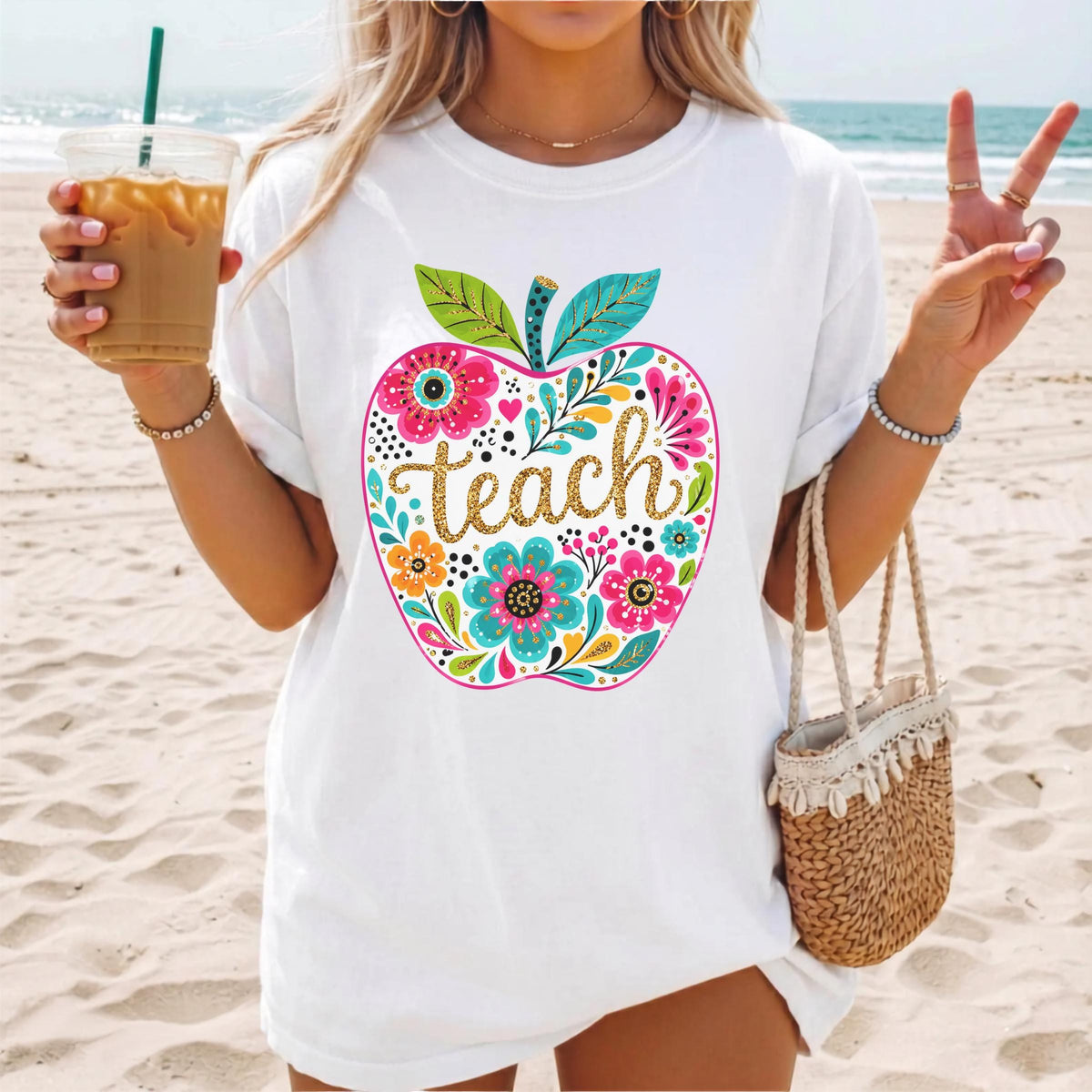 Apple Teacher Sweatshirt, Floral Teacher Gift, Custom Teacher Clothing, Colorful Apple Design, Personalized Crewneck, Gift for Educators