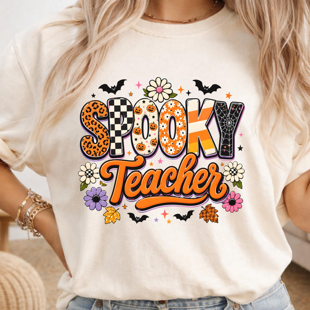 Spooky Teacher Shirt, Halloween Teacher T-Shirt, School Spirit Tee, Colorful Teacher Appreciation Gift, Fall Classroom Outfit 2025