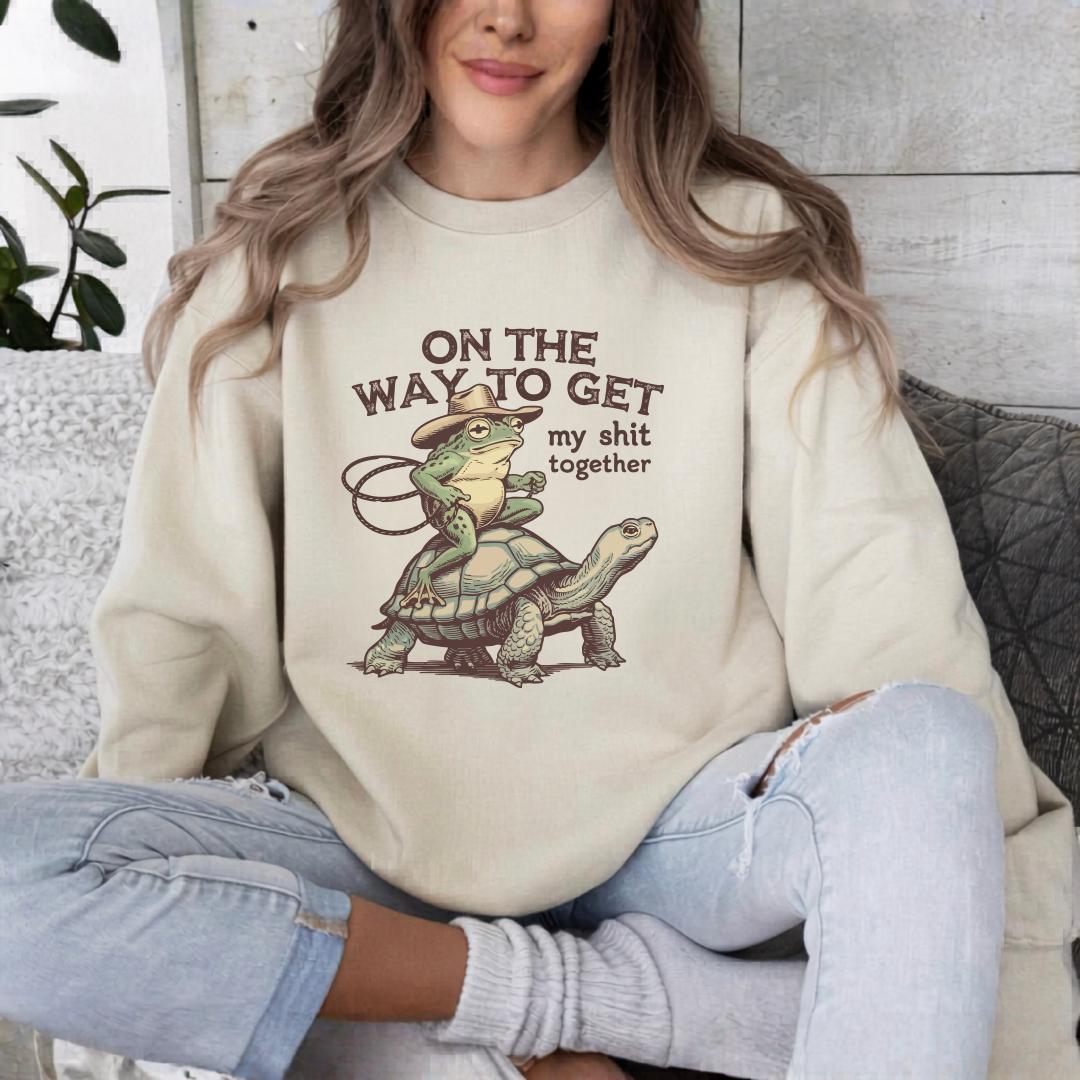 Funny Frog and Tortoise Sweatshirt, On the Way to Get My Shit Together Crewneck, Quirky Cottagecore Animal Gift, Unisex Pullover Style