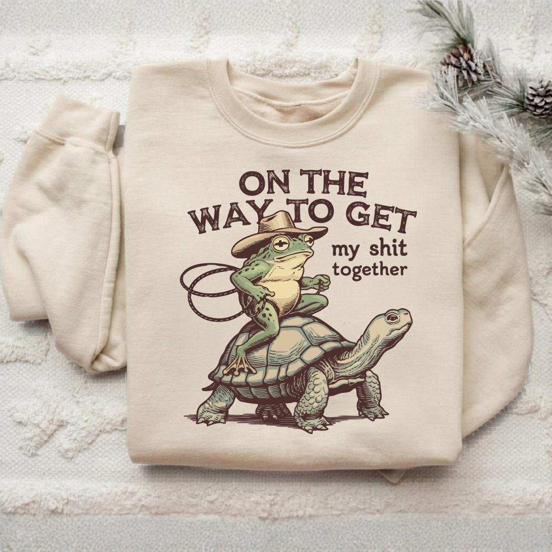 Funny Frog and Tortoise Sweatshirt, On the Way to Get My Shit Together Crewneck, Quirky Cottagecore Animal Gift, Unisex Pullover Style