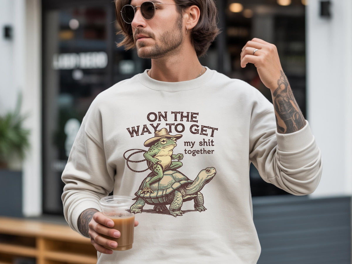 Funny Frog and Tortoise Sweatshirt, On the Way to Get My Shit Together Crewneck, Quirky Cottagecore Animal Gift, Unisex Pullover Style