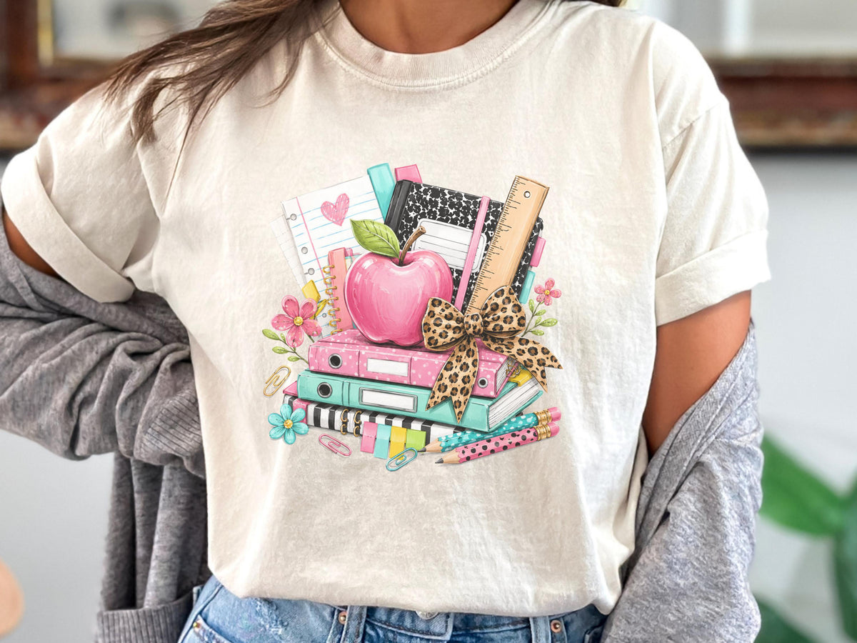Custom School Supplies Sweatshirt, Teacher Gift, Leopard Print Bow, Vibrant Book Print, Back To School Apparel