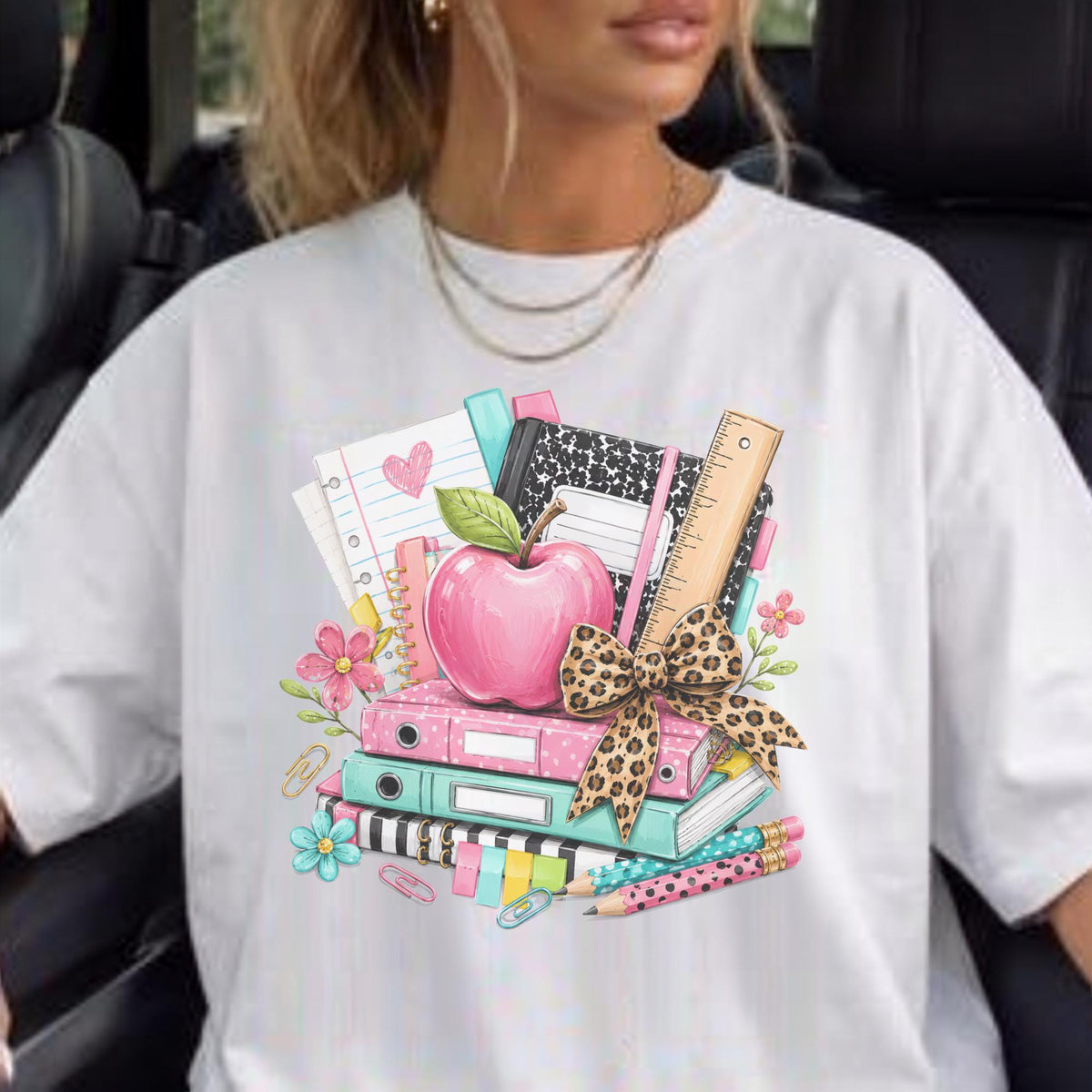 Custom School Supplies Sweatshirt, Teacher Gift, Leopard Print Bow, Vibrant Book Print, Back To School Apparel