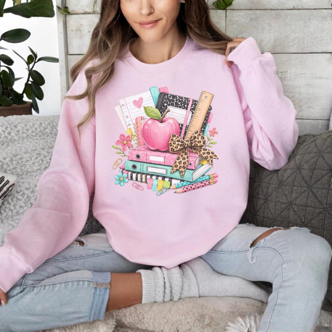 Custom School Supplies Sweatshirt, Teacher Gift, Leopard Print Bow, Vibrant Book Print, Back To School Apparel