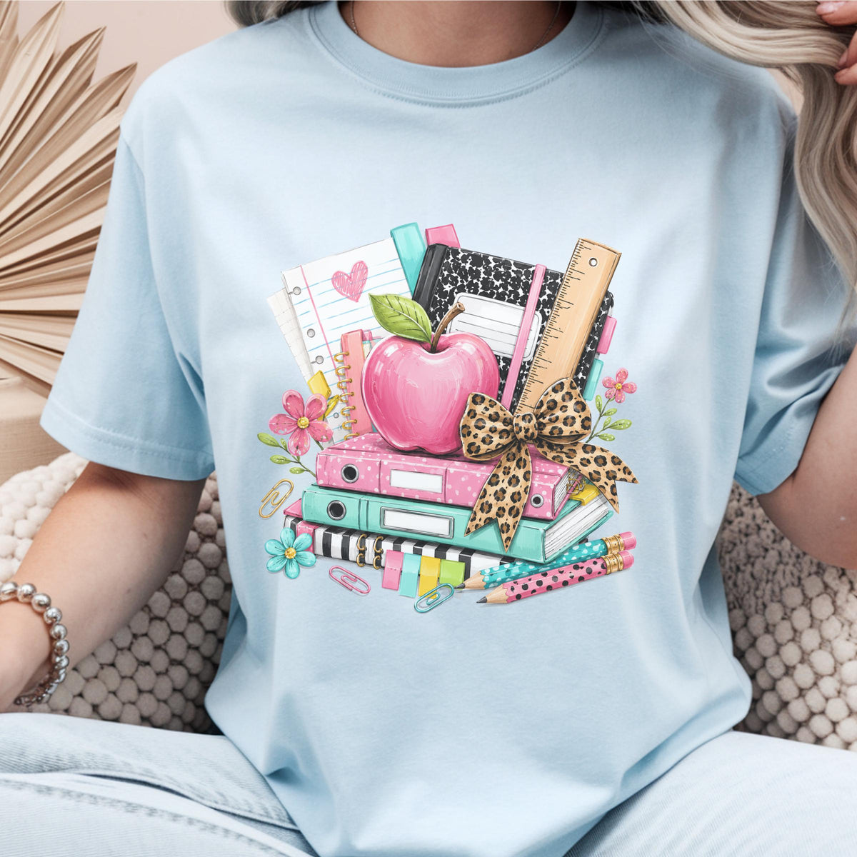 Custom School Supplies Sweatshirt, Teacher Gift, Leopard Print Bow, Vibrant Book Print, Back To School Apparel