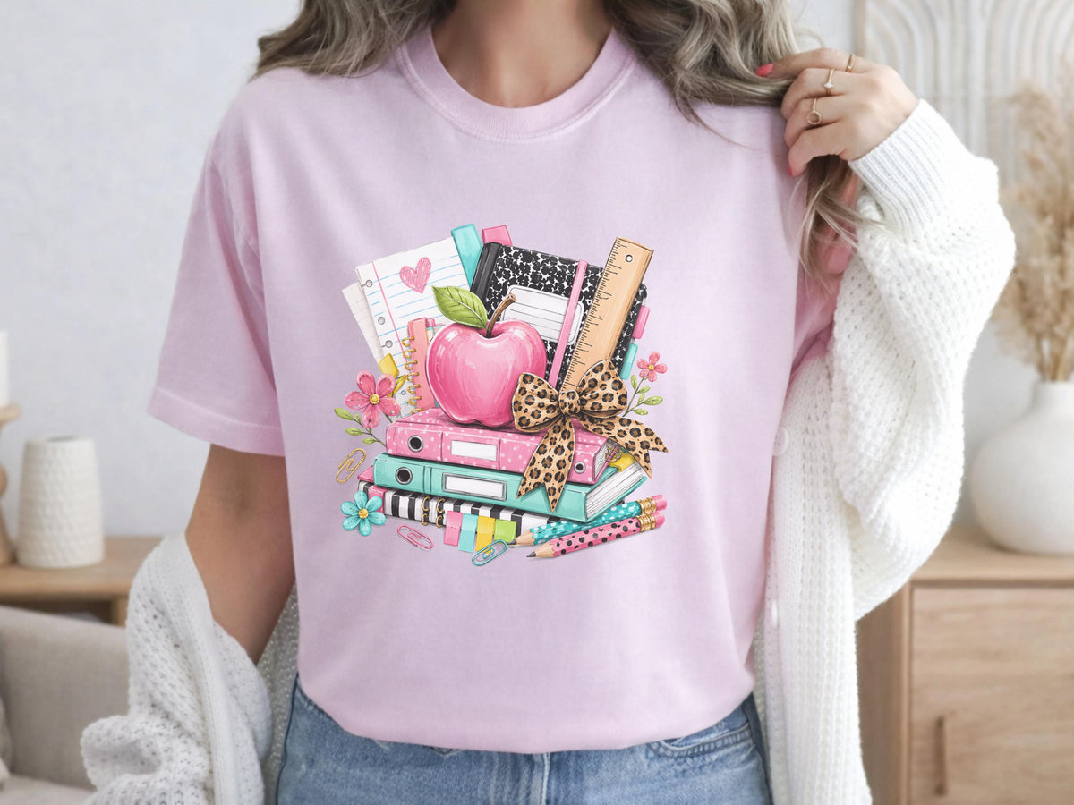 Custom School Supplies Sweatshirt, Teacher Gift, Leopard Print Bow, Vibrant Book Print, Back To School Apparel