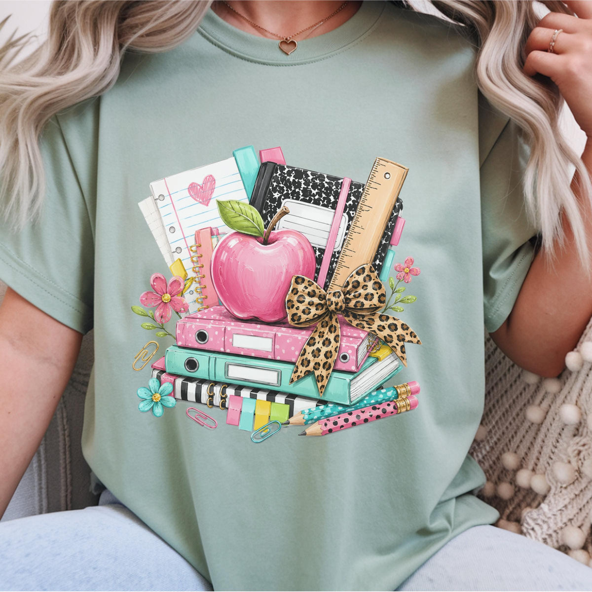 Custom School Supplies Sweatshirt, Teacher Gift, Leopard Print Bow, Vibrant Book Print, Back To School Apparel