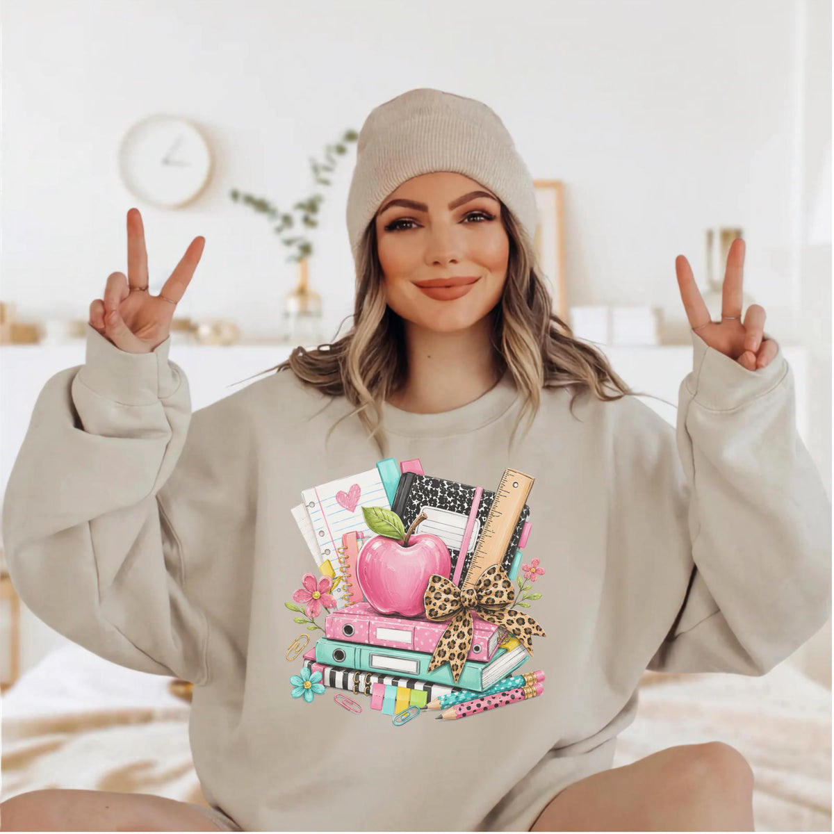 Custom School Supplies Sweatshirt, Teacher Gift, Leopard Print Bow, Vibrant Book Print, Back To School Apparel