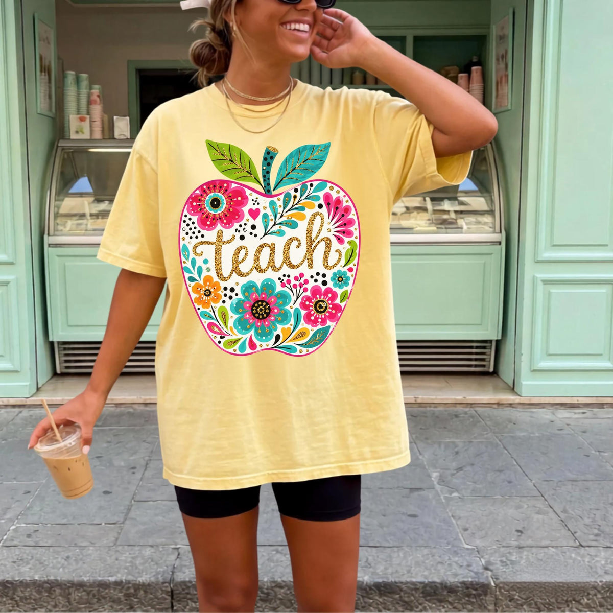 Apple Teacher Sweatshirt, Floral Teacher Gift, Custom Teacher Clothing, Colorful Apple Design, Personalized Crewneck, Gift for Educators