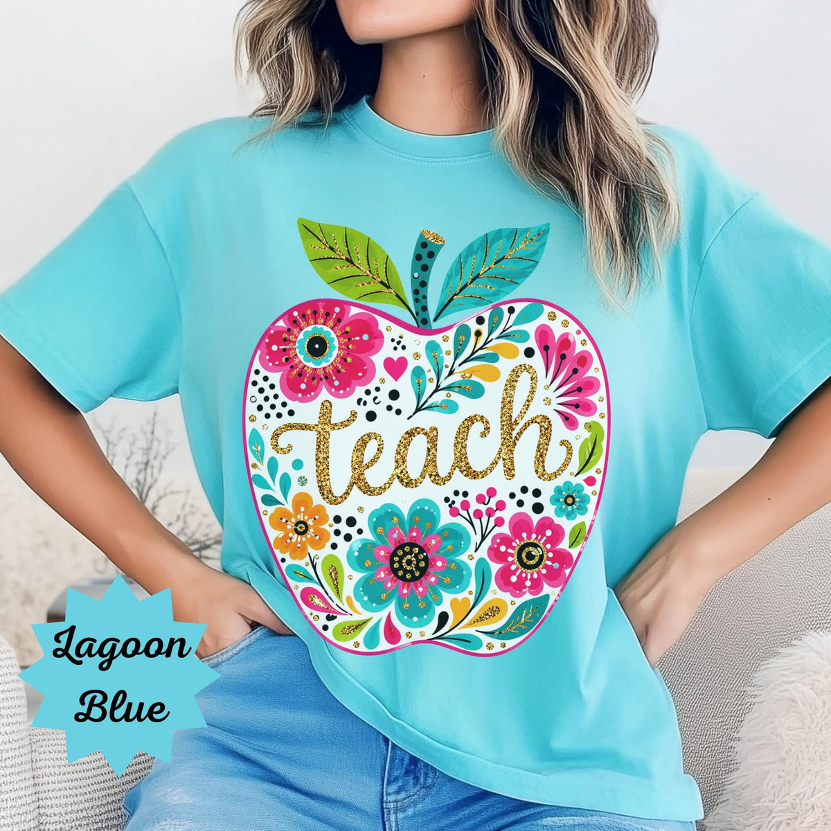 Apple Teacher Sweatshirt, Floral Teacher Gift, Custom Teacher Clothing, Colorful Apple Design, Personalized Crewneck, Gift for Educators