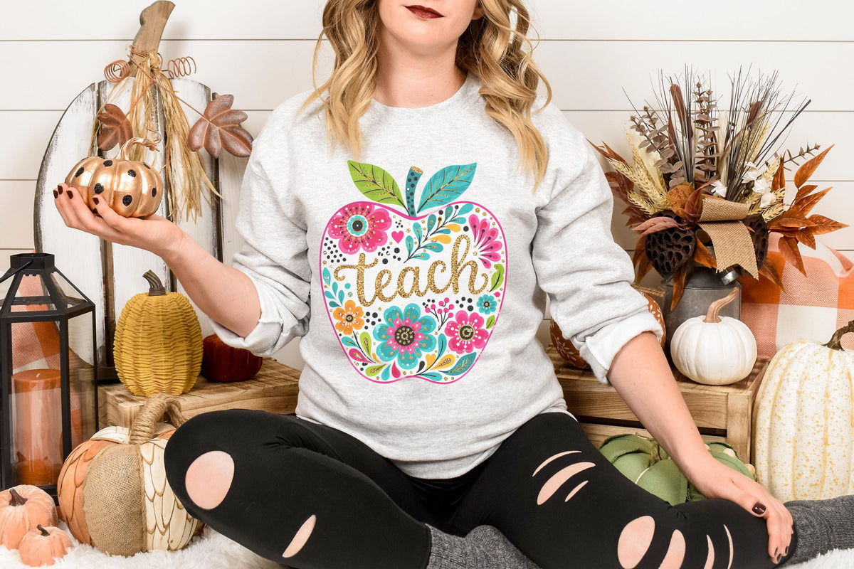 Apple Teacher Sweatshirt, Floral Teacher Gift, Custom Teacher Clothing, Colorful Apple Design, Personalized Crewneck, Gift for Educators