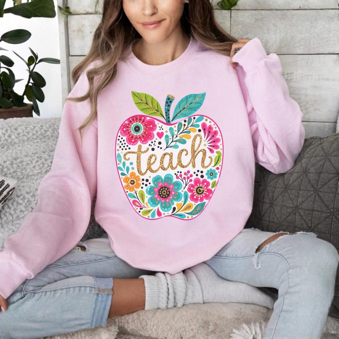 Apple Teacher Sweatshirt, Floral Teacher Gift, Custom Teacher Clothing, Colorful Apple Design, Personalized Crewneck, Gift for Educators