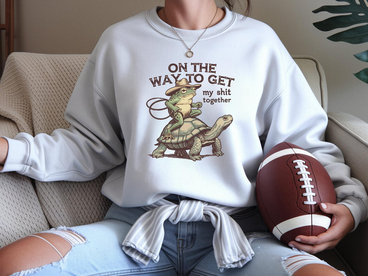 Funny Frog and Tortoise Sweatshirt, On the Way to Get My Shit Together Crewneck, Quirky Cottagecore Animal Gift, Unisex Pullover Style