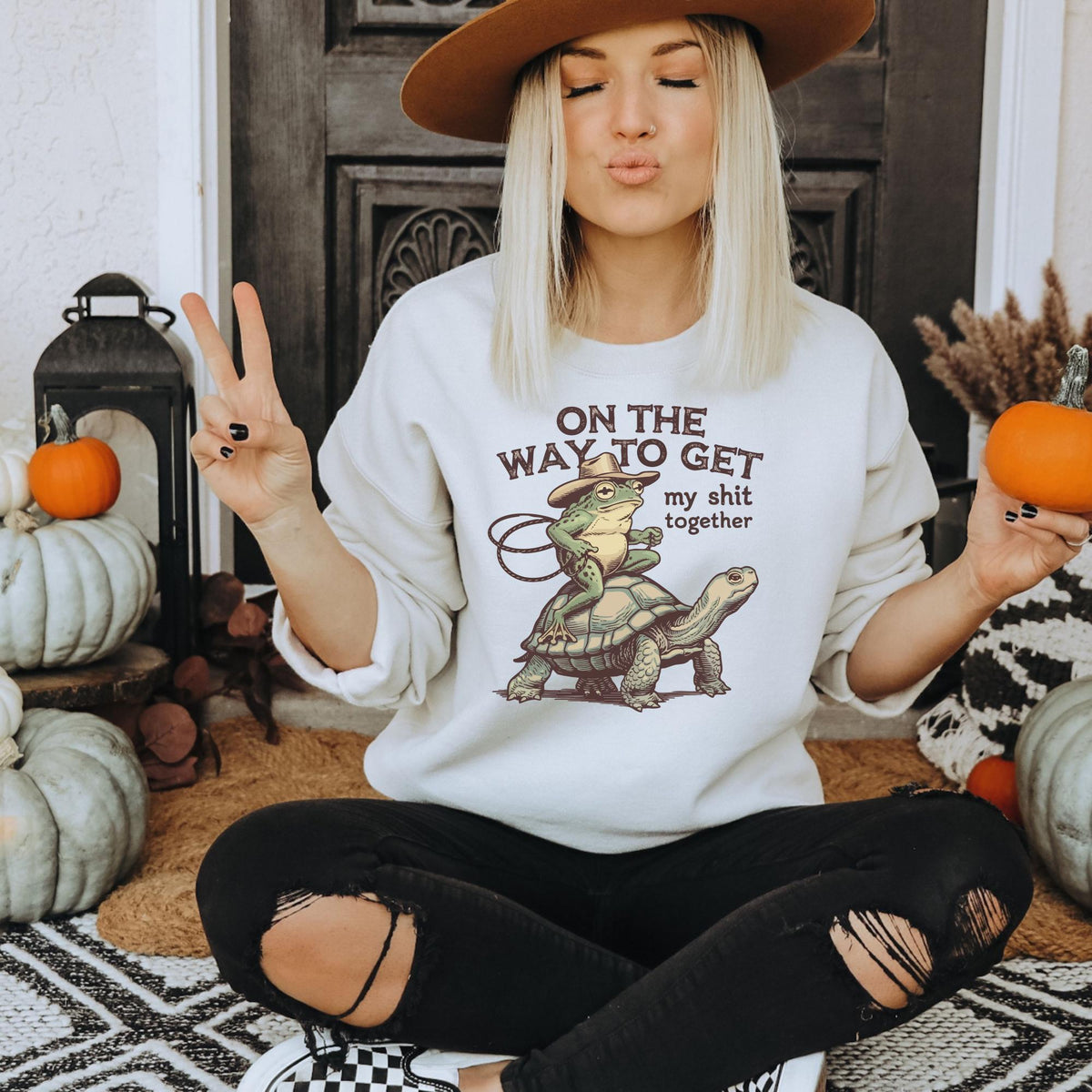 Funny Frog and Tortoise Sweatshirt, On the Way to Get My Shit Together Crewneck, Quirky Cottagecore Animal Gift, Unisex Pullover Style