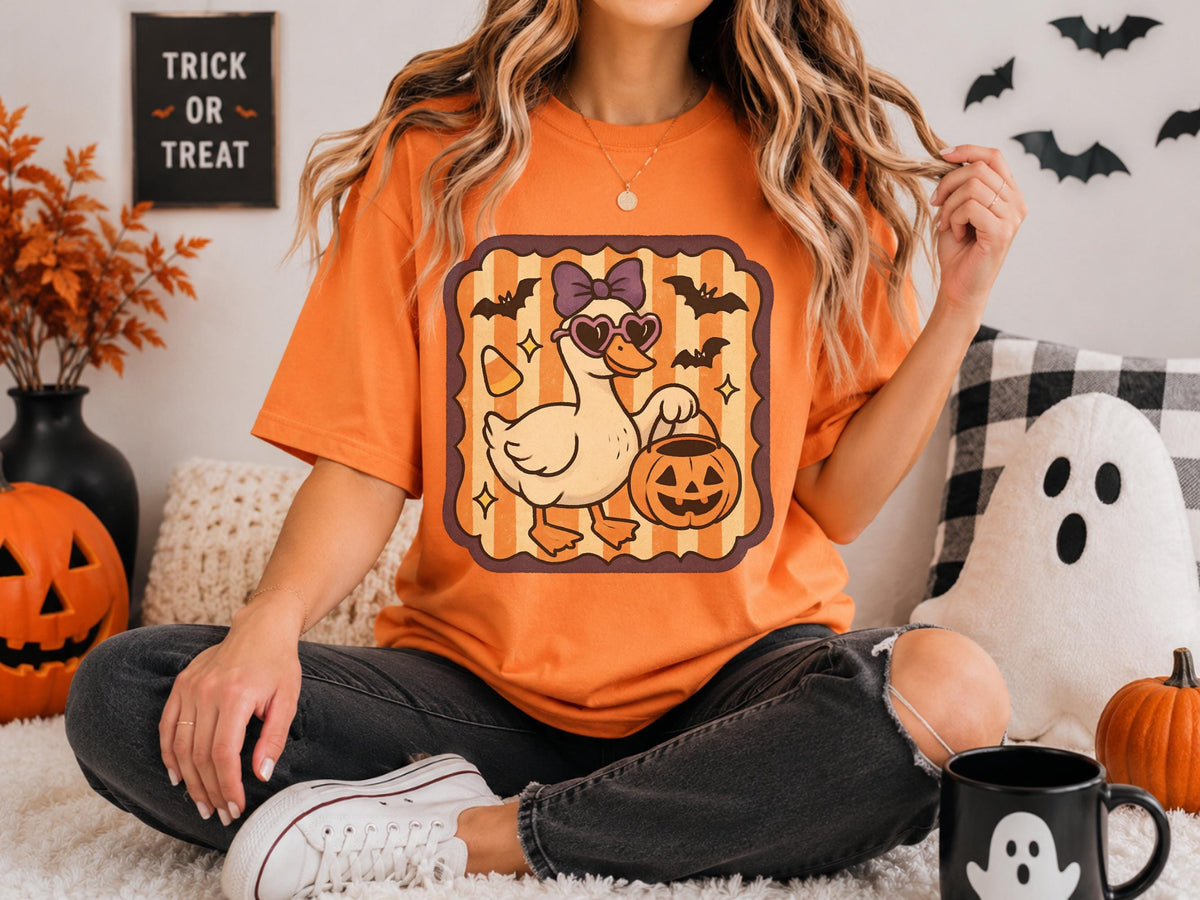 Halloween Duck Sweatshirt, Spooky Pumpkin T Shirt, Bat and Bow Duck Pullover Hoodie, Cute Autumn Halloween Gift for Duck Lovers and Fans