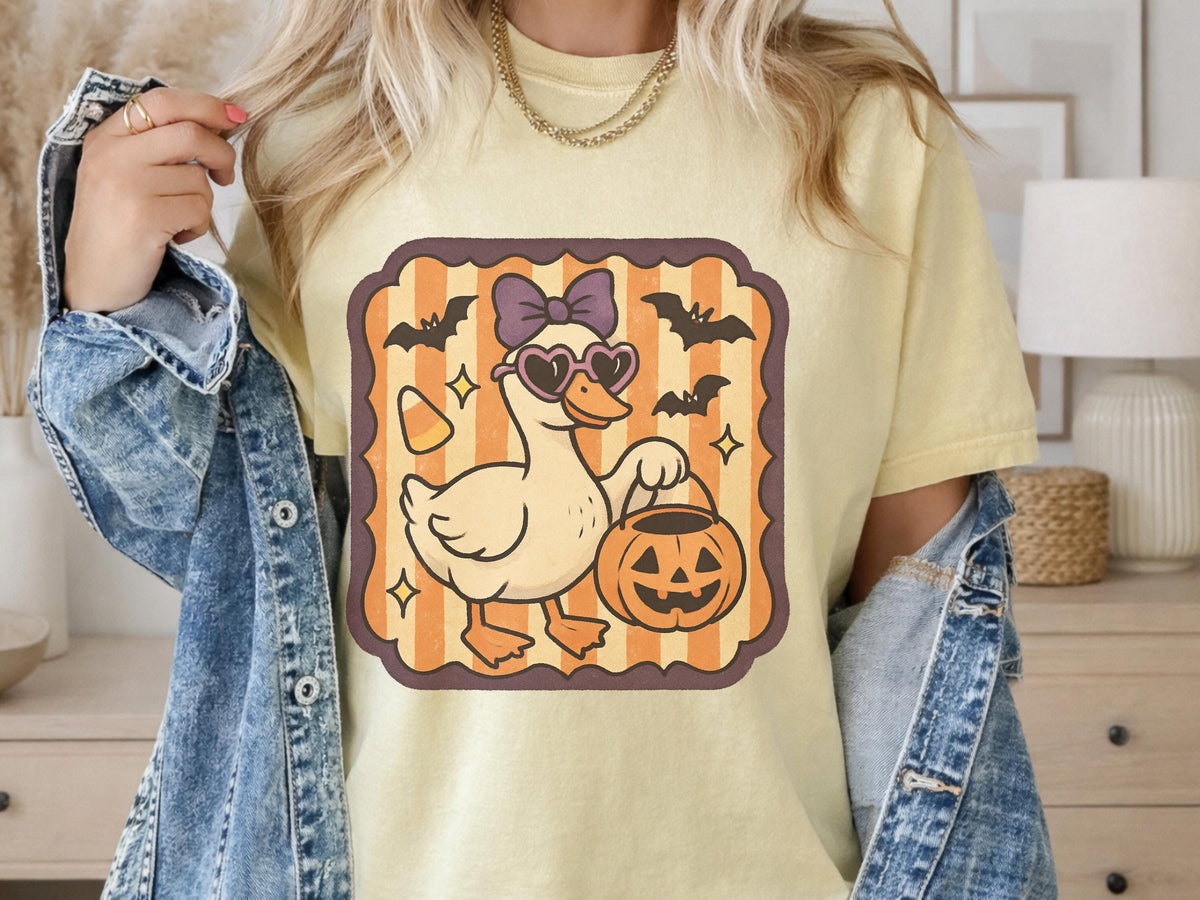 Halloween Duck Sweatshirt, Spooky Pumpkin T Shirt, Bat and Bow Duck Pullover Hoodie, Cute Autumn Halloween Gift for Duck Lovers and Fans