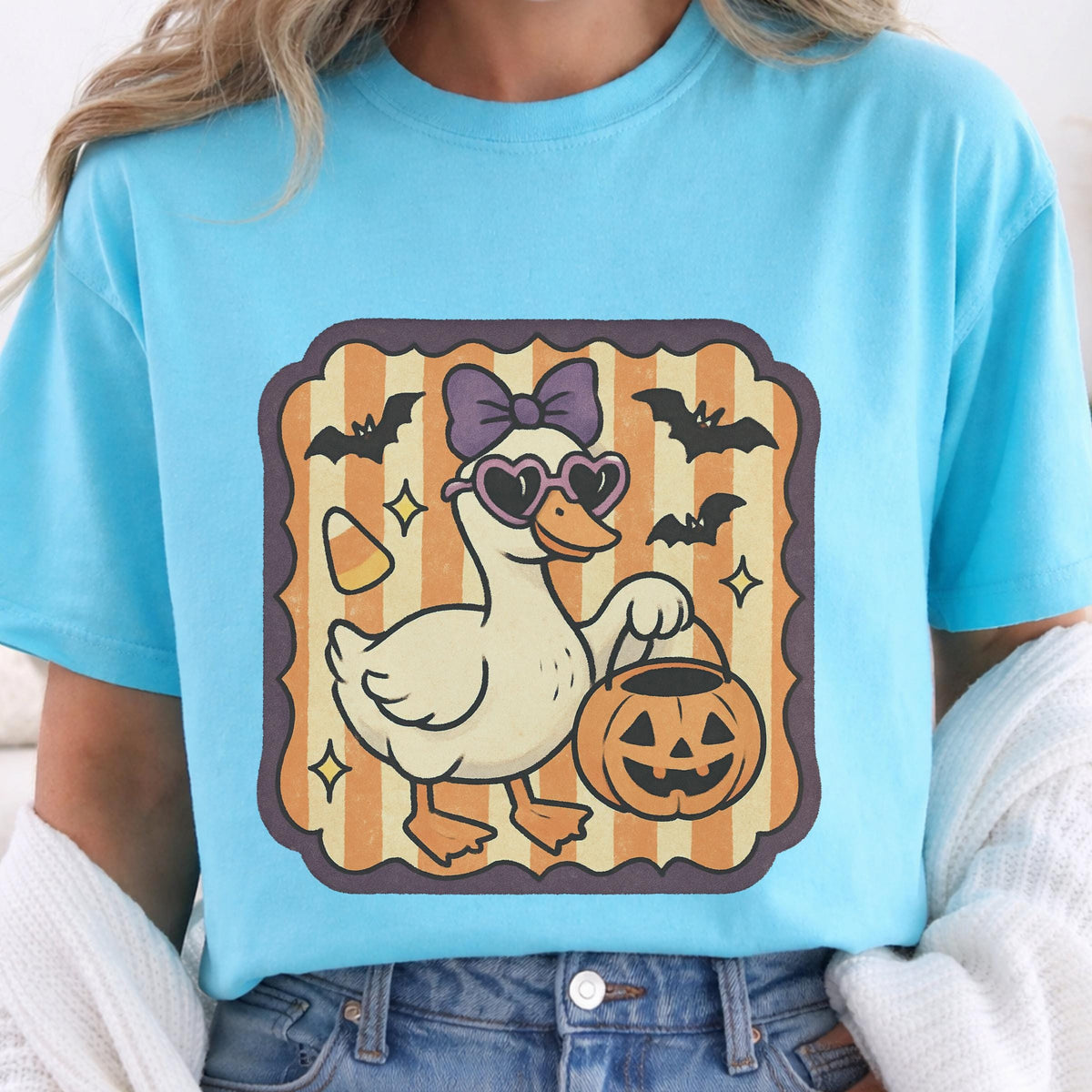 Halloween Duck Sweatshirt, Spooky Pumpkin T Shirt, Bat and Bow Duck Pullover Hoodie, Cute Autumn Halloween Gift for Duck Lovers and Fans
