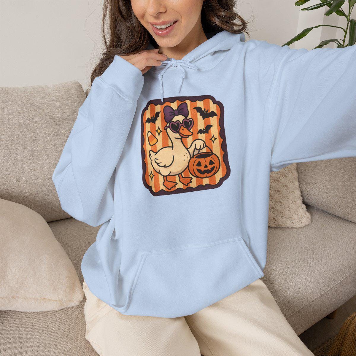 Halloween Duck Sweatshirt, Spooky Pumpkin T Shirt, Bat and Bow Duck Pullover Hoodie, Cute Autumn Halloween Gift for Duck Lovers and Fans